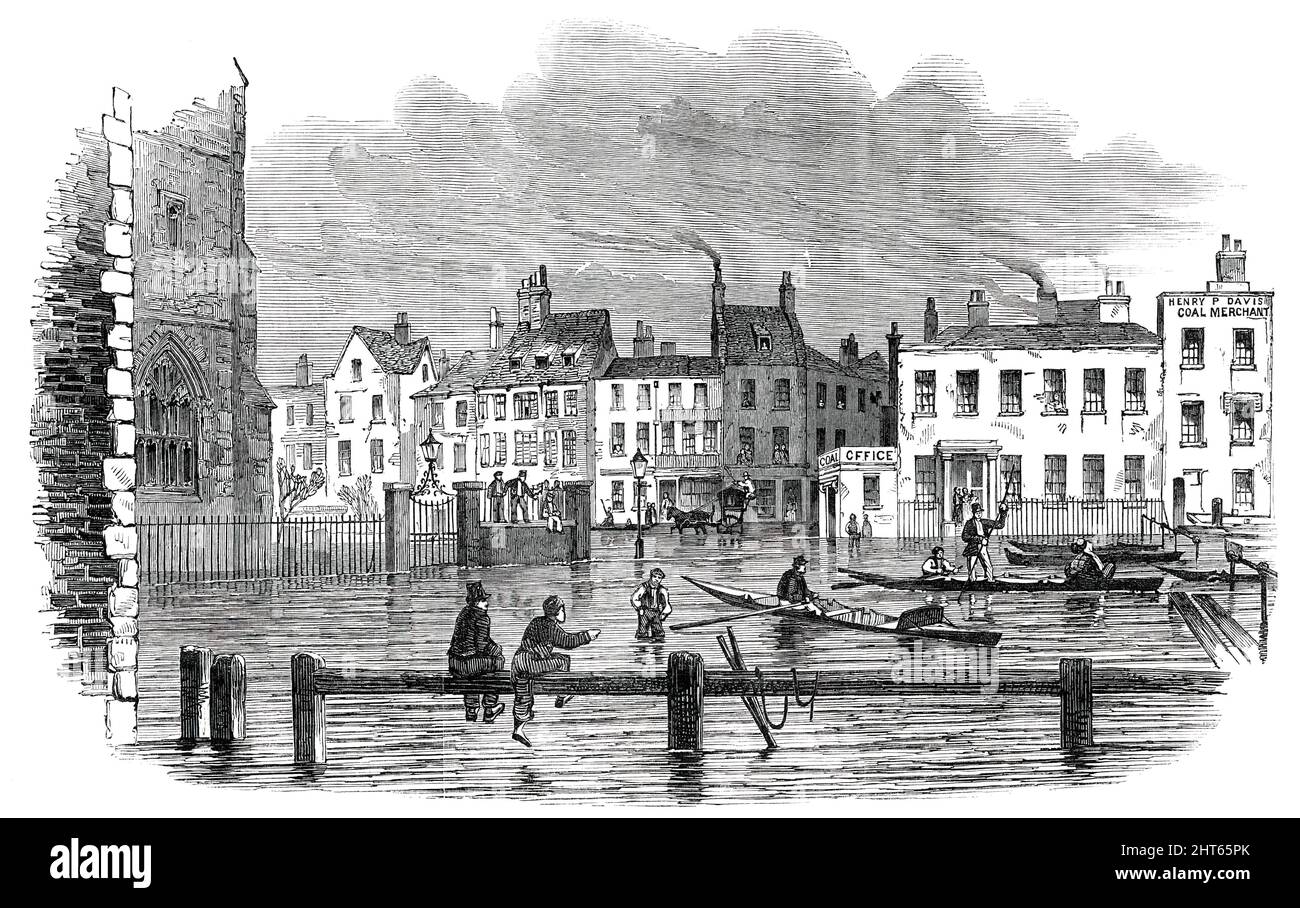 Überlauf der Themse am Dienstag - Lambeth-Stairs, [London], 1850. '...die Flut stieg so außerordentlich hoch, dass sie die Ufer des Flusses überschwemmt und die verschiedenen Durchgangsstraßen entlang beider Ufer überfluten konnte. So unerwartet war die Flut, daß niemand sich vorbereitet hatte, um ihr Eigentum zu bewahren, Und die Folge war, dass Unfug in unberechenbarer Menge gemacht wurde...die unteren Etagen der Häuser waren voller Wasser, während die Bewohner ängstlich aus den oberen Fenstern schauten, dass die Flut zurückging....Boote wurden während der Flut als Transportmittel eingesetzt...Es wäre impossi Stockfoto