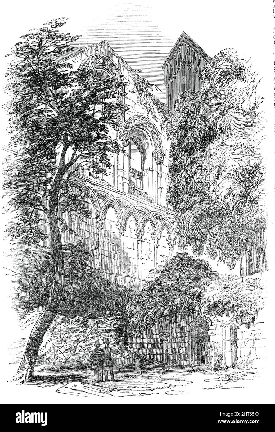 Glastonbury Abbey - Innere der St. Joseph's Chapel, aus der Krypta, 1850. Ruinierte mittelalterliche Abtei in Glastonbury, Somerset. Ansicht zeigt die Kapelle, die im Frühjahr 1825 ausgegraben wurde, als ein Brunnen unter einem normannischen Bogen auf der Südseite der Kapelle entdeckt wurde...St. Die Joseph's Chapel wurde innen und außen in ihren Formen und Ornamenten mit der besten Kunst, der schönsten Kunst und dem korrektesten Geschmack fertig gestellt und dem Auge wahrscheinlich das erlesenste und vollkommenste Exemplar im Königreich eines anglo-normannischen Kirchengebäudes präsentiert...[der Architekt] deckte das Whohl zu Stockfoto