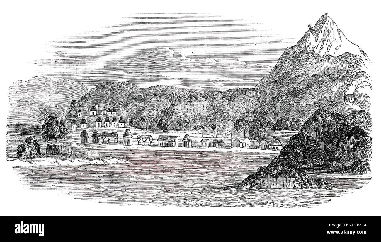 Tigre Island, [jetzt in Honduras], 1850. Aus „Illustrated London News“, 1850. Skizze von "A Traveller in Central America"... von "...dem Inselinneren, mit der von den Offizieren und der Besatzung der Gorgon errichteten Stockade, und einem Signalposten, Oder ein Haus mit Blick auf einen der Hügel...Tigre, im Gulph von Fonseca, wurde kürzlich von Kapitän Paynter von dem Dampfschiff Gorgon Ihrer Majestät in Besitz genommen und seitdem von der Regierung von Honduras an die Vereinigten Staaten abgetreten. Dies war ein beeindruckender Punkt des Nicaragua-Konflikts, als die „Britishers“-Schnelligkeit gab Stockfoto