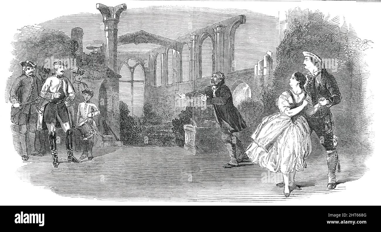 Szene aus der Oper "Le Val d'Andorre", im St. James's Theatre, [London], 1850. Eine Oper in drei Akten: „Halevys Musik ist köstlich, voller uriger und eleganter Melodien, mit vollendeter Geschicklichkeit und in den konzertierten Stücken, die manchmal in dramatischer Intensität erhaben aufgehen. Es ist ein großartiges Werk in jeder Hinsicht – bildhaft, dramatisch und musikalisch..."Le Val d'Andorre" war dank eines hervorragenden Orchesters, Mdlle, ein voller Erfolg. Charton und vor allem Chollet. Dieser bewunderungswürdige Sänger und Komiker war jahrelang die Attraktion der Opera Comique in Paris... er ist es Stockfoto