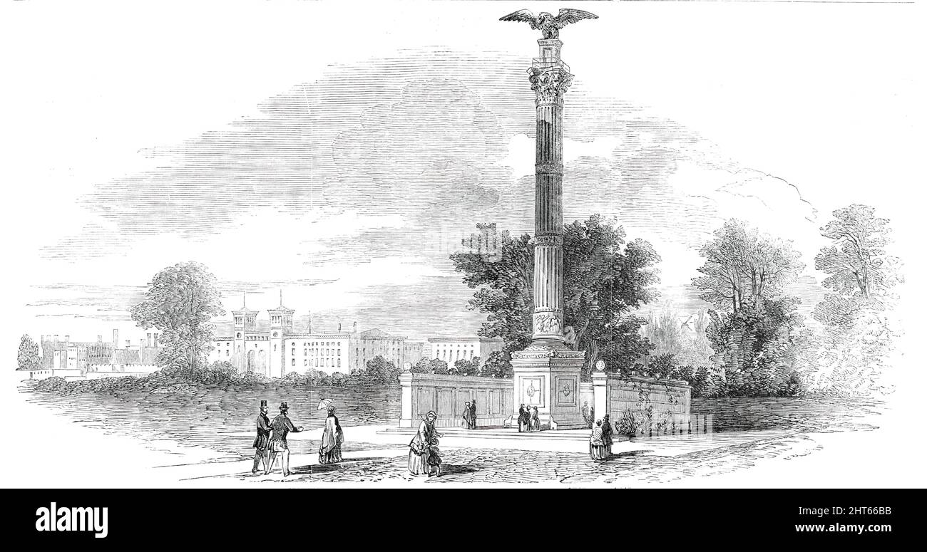 Denkmal in Berlin für die preußischen Soldaten, die 1848 und 1849 getötet wurden, (1850). „Das Denkmal besteht aus einer einfachen Säule, die von einem großen preußischen Adler überragt wird; es ist von einer Mauer oder einem Verschluß umgeben, auf deren Innenseite die Namen der Offiziere und Soldaten eingeschrieben sind, die in den verschiedenen Konflikten gefallen sind. Die folgende Inschrift soll auf dem Denkmal angebracht werden: „Nationaldenkmal zum Gedenken an die Brüder und Gefährten in Waffen, die sich, getreu ihrer Pflicht, in der Sache des Rechts und der Ordnung und für ihren König und ihr Vaterland, am 18.. Und 19.. März 1848 in Berlin, Stockfoto