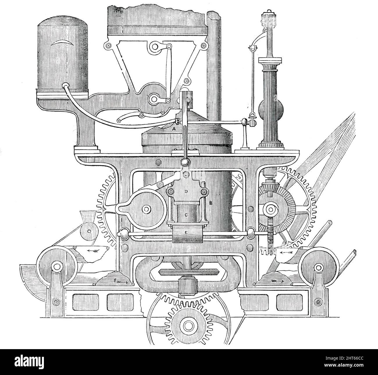 Robinson und Lee's Patent Bread-Making Machine, 1850. Diagramm von „...einer kürzlich in Glasgow errichteten Brotmaschine... eineinhalb Tonnen Laib Brot, Oder eine Tonne Biskuit, wird durch diese Erfindung stündlich produziert, ohne dass menschliche Arbeit in irgendeiner Phase eingreift... durch einen sehr einfachen, aber genialen Prozess werden Flüssigkeit und Mehl zusammenfallen... auf einen Kegel (A), Der sie teilweise mischt und in die Knetmulde (B) transportiert, von wo aus der Teig an einer Öffnung (C) herausgedrückt und mit einem exzentrischen Messer (D) in genau den gewünschten Mengen abgeschnitten wird. Fallen auf eine Rolle (E), diese Stück Stockfoto