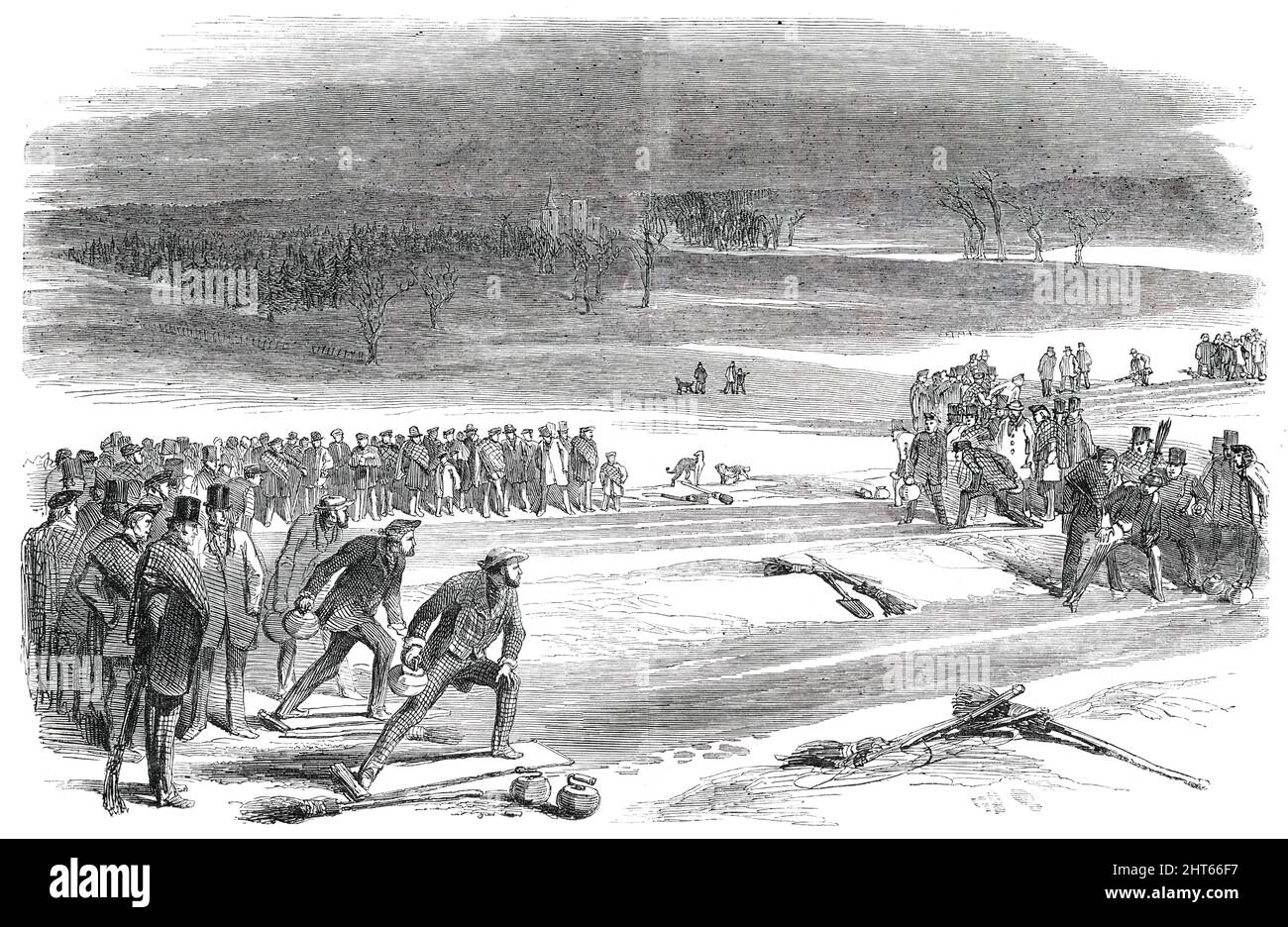 Curling Match zwischen dem Earl of Mansfield und dem Earl of Eglington, auf Airthrie Loch, 1850. „Die Nordpartei erzielte drei Punkte in der ersten Führung; und nachdem sie damit die Führung übernommen hatte, behielten sie es während des Spiels. Das Spiel war sehr gut auf beiden Seiten;...die Zahlen waren 26 bis 19, Lord Mansfield war der Gewinner von sieben Schüssen. Zu Beginn des Spiels schlug Lord Eglinton eine Wette auf eine Ladung Mahlzeit für jede ihrer jeweiligen Pfarreien vor, die angenommen wurde. Alle Herren spielten mit großem Geist und Interesse, und das Spiel wurde als über dem Durchschnitt der Spiele angesehen...Lord ab Stockfoto