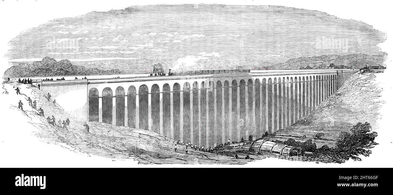 The Welwyn Viaduct, [Hertfordshire], 1850. Eisenbahnbrücke auf dem London-York-Abschnitt der Great Northern Railway. „In Welwyn hielt der Zug einige Zeit an, während die Passagiere den herrlichen Viadukt, mit dem die Bahn dort das Tal überquert, besuchten. Dieses Viadukt besteht aus 42 Bögen, jeweils 30 Fuß breit und 97 Fuß hoch, und wurde zu einem Preis von &#XA3;70.000 zu &#XA3;80.000' gebaut. Es wurde von William Cubitt entworfen und nach einem römischen Aquädukt gestaltet. Aus „Illustrated London News“, 1850. Stockfoto