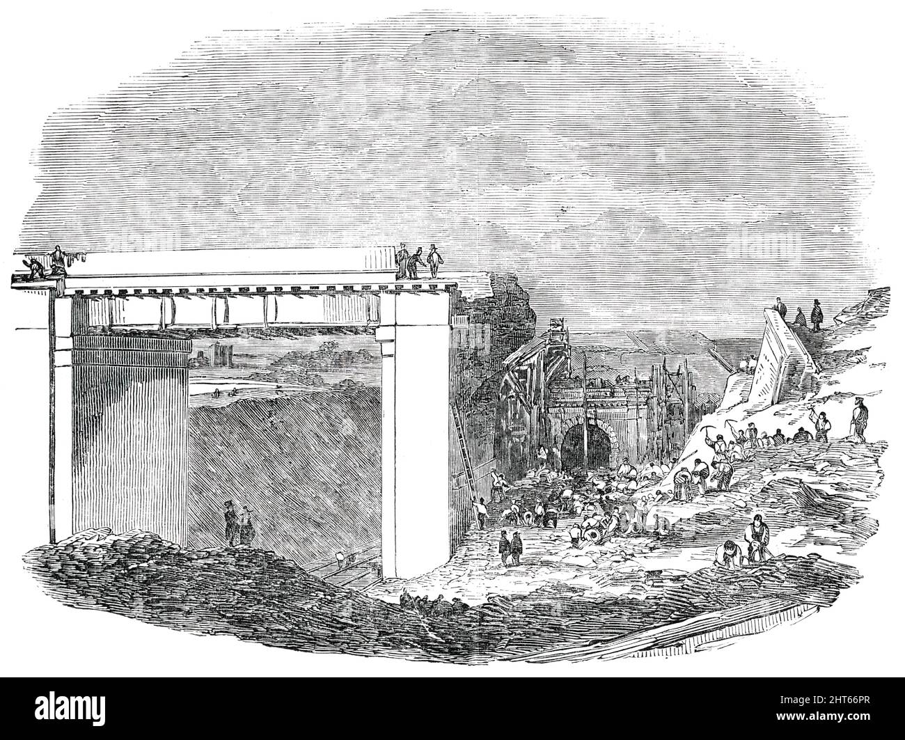 Gefallene Eisenbahnarches in Copenhagen-Fields, [London], 1850. Erweiterung der Birmingham Railway nach Blackwall. Letzte Woche fiel eines der wichtigsten Werke auf dieser Linie, an dem Punkt, an dem es die große Nordbahn überquert, in den Kopenhagener Feldern, und wurde auf das ruinöse Aussehen reduziert, das in der Illustration gezeigt wird. Das Viadukt war fast 40 Fuß hoch; und das Zentrum, oder, wie es jetzt genannt werden kann, der stehende Bogen, ist 60 Fuß Spannweite. Von den unvorhergesehenen Schwierigkeiten, die der eigentümliche Charakter des Londoner Tones Werken dieser Art präsentiert, scheint die fragliche Brücke nie acqui zu haben Stockfoto