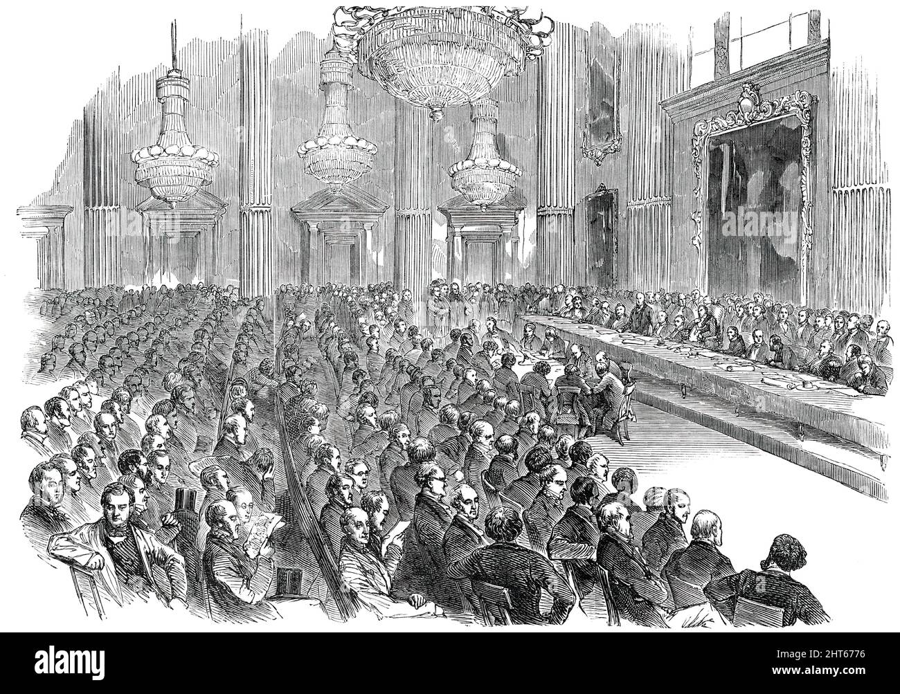 Die große Industrieausstellung, 1851 - Treffen im Herrenhaus, 1850. '...ein Treffen der Kaufleute, Bankiers, Und die Händler der Stadt London wurden in der ägyptischen Halle abgehalten...um bestimmte Beschlüsse zu berücksichtigen, die die Förderung der großen Ausstellung der Industrie aller Nationen im Jahr 1851 betrachteten...der Oberbürgermeister...erklärte, dass er die Versammlung auf Ersuchen der einberufen habe Royal Commissioners, damit ein Abonnement für die Durchführung des großartigen Projekts seiner Königlichen Hoheit Prinz Albert für eine Ausstellung der Werke der Industrie begonnen werden könnte Stockfoto