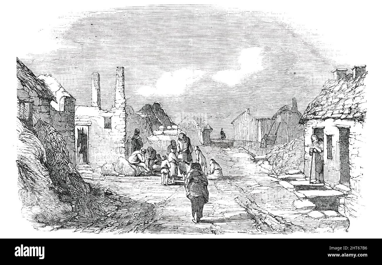 The Village of Killard, [Irland], 1850. '...Killard ist Teil der Union of Kilrush und besitzt eine Fläche von 17.022 Hektar. Es hatte eine Bevölkerung, im Jahr 1841, von 6850 Seelen, und wurde auf die schlechte-Rate geschätzt &#XA3;4254 ... das Dorf war vor allem von Fischern bewohnt, die mit ihrer Besetzung auf den Gewässern den Anbau von Kartoffeln vereint. Wenn letzteres scheiterte, hätte man erwarten können, dass ersteres mit mehr Nachdruck als je zuvor verfolgt werden sollte; aber Boote und Leitungen wurden für den gegenwärtigen Lebensunterhalt verkauft, und zum Scheitern der Kartoffeln kam die Aufgabe der Fischerei hinzu. T Stockfoto