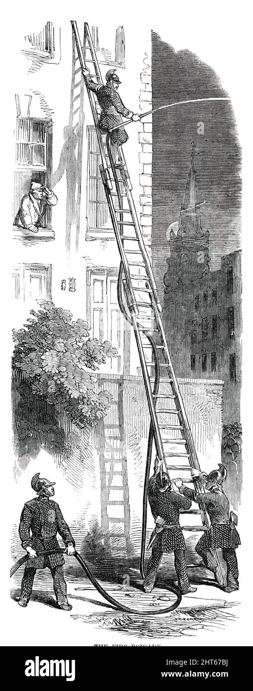 Die Feuerwehr, 1850. Feuer in Lambeth, Süd-London: 'In sehr kurzer Zeit brannte der Fensterrahmen an der Rückseite der Häuser in der York-Straße, und es konnten alle wirksamen Mittel ergriffen werden, um dies zu verhindern, der gesamte Bereich zählte 7, 8, 9, 10, 11, Und 12 waren in Flammen gehüllt... die Feuerwehrleute arbeiteten tapfer, aber das Ausmaß der Katastrophe war entsetzlich.“ Aus „Illustrated London News“, 1850. Stockfoto