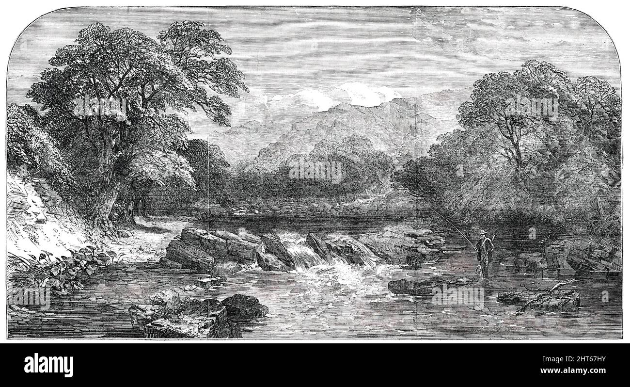 Ein Westmoreland-Forellenstrom - gemalt von H. Jutsum, 1850. Ausstellung in der British Institution for Promoting the Fine Arts im Vereinigten Königreich, in London. 'Die Größe des Gemäldes, 3 Fuß 2 Zoll in der Höhe, von 4 Fuß 7 Zoll in der Breite. Dies ist eine bezaubernde Szene von herrlichen Bergen, malerischem Holz und glitzerndem Wasser. Es wird auf die beste Art und Weise des Künstlers gemalt.“ Aus „Illustrated London News“, 1850. Stockfoto