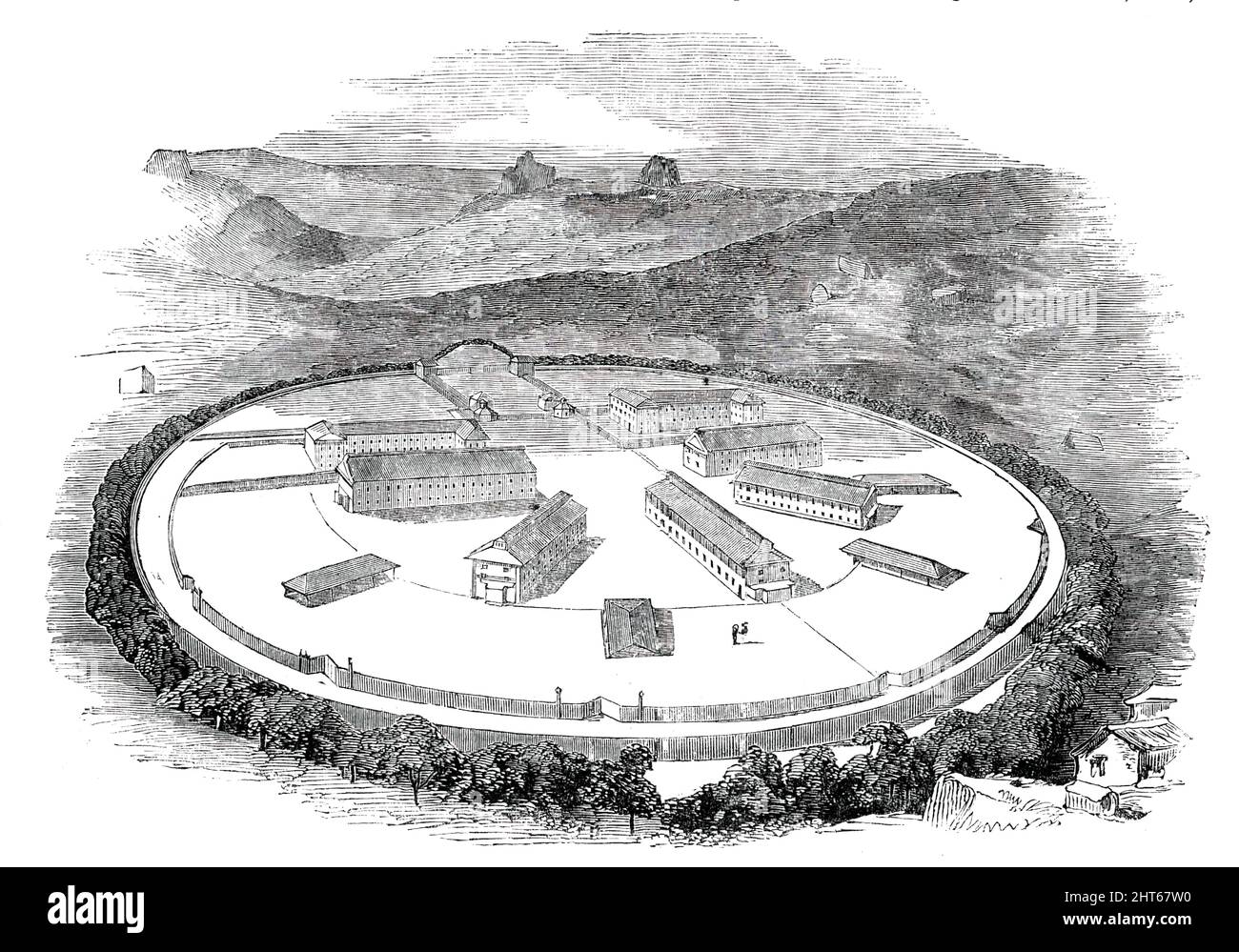 Das Kriegsgefängnis, in der Nähe von Toy-Royal, Dartmoor, [Devon], 1850. „Die Regierung könnte die Initiative ergreifen, indem sie Prince Town zu einer Sträflingsstation macht, und zwar mit großem Vorteil für das Land... die Situation stellt eine Beschäftigung für Sträflinge dar, die Erze fördern und anrichten... Granit für öffentliche Gebäude schneiden... felspathische Mineralien und Kalkstein extrahieren, Koprolits zerkleinern und in Düngemittel umwandeln; Torf für die Durchführung dieser Prozesse schneiden...Eine Knechtschaft, die in solchen Arbeiten verbracht wurde, konnte nicht umhin, den größten Teil der Gefangenen in mai-fähige Charaktere zu verwandeln Stockfoto