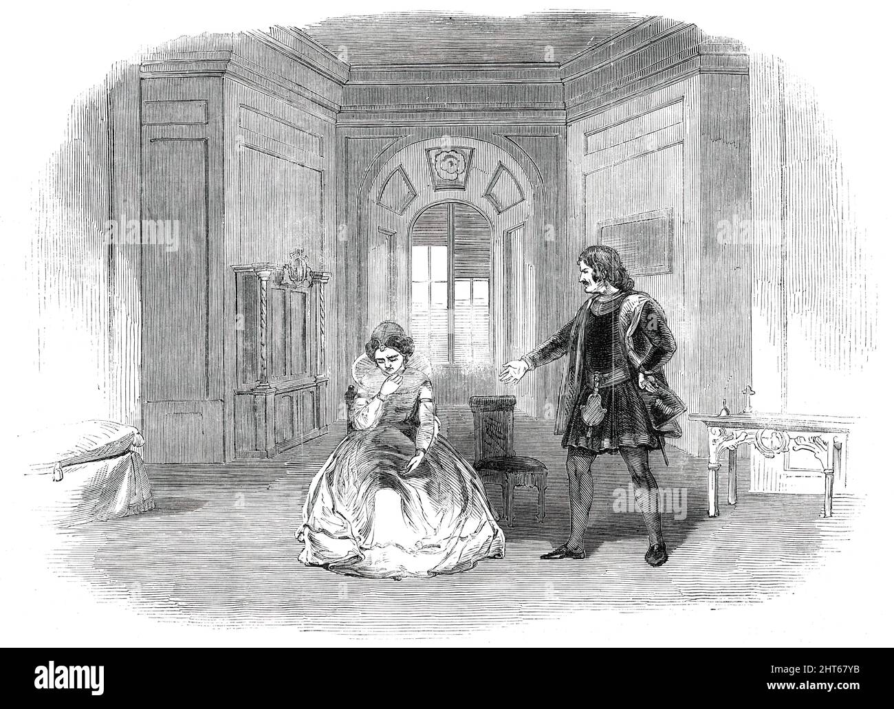 Szene aus der "Legende von Florenz", im Sadler's Wells Theatre, [London], 1850. „Der Legende nach hätte ein Scheidungsurteil von päpstlicher Autorität ausgesprochen werden müssen. Aber dies wurde von denjenigen, die eine Stimme im Theater hatten, als ein gefährliches Hilfsmittel für ein britisches Publikum angesehen, das bereitwillig der Unauflöslichkeit der Ehe unterworfen war; Um den anstößigen Ehemann loszuwerden, musste man ihn also töten - ein absurdes Mittel und wenig weniger als einen Mord...Wir würden Herrn Waller in aller Güte ein Wort oder einen Rat von Rondilelli geben. Stockfoto