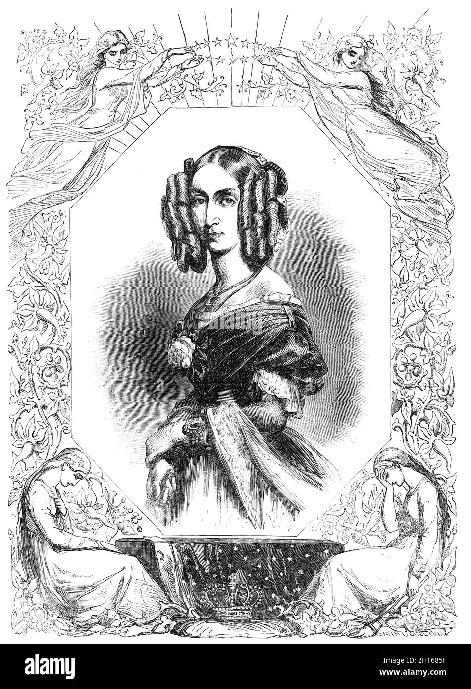 Die verstorbene Königin der Belgier, nach einer Zeichnung von M. Baugniet, 1850. Porträt von Louise von Orléans, die an Phthisis starb, 'in der Nacht des 9.. [Oktober] hatte Ihre Majestät ein paar Stunden Ruhe; aber um sechs Uhr am nächsten Morgen folgte eine Krise, in der Folge, dass Ihre Majestät in einen Zustand der allgemeinen und tödlichen Niederwerfung fiel. Nach kurzer Zeit jedoch sammelte sie sich und gewann wieder genügend Kraft, um sich mit ihrem Beichtvater zu unterhalten. Obwohl sie bis zum letzten Grad erschöpft war, behielt sie alle ihre geistigen Fähigkeiten im Besitz...Sie empfing die Kommunion und die extreme Unktion. Sie traf ihre f Stockfoto