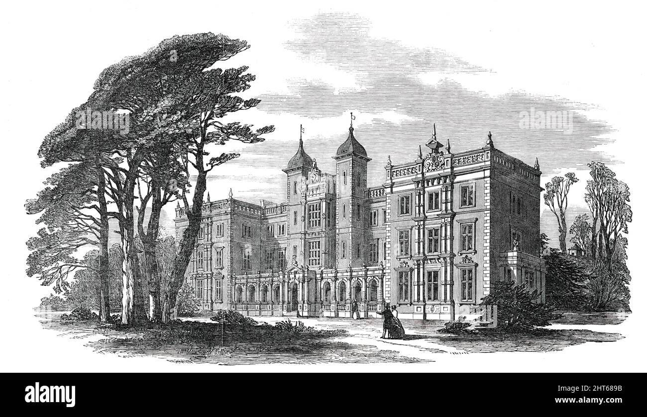 The Kneller Hall Training School, Whitton, [bei Twickenham], 1850. „Das Anwesen...befand sich früher im Besitz von Sir Godfrey Kneller, dem berühmten Staatsmaler...das Gebäude wurde nach den Entwürfen von George Mair, Architekt, errichtet...und die Wirkung der Fassade ist sehr zufriedenstellend. Die Gesimse, Brüstungen, Quallen, Verbände an den Fenstern und andere Anreicherungen... werden in Badestein ausgeführt...eine Dampfmaschine mit 3-PS-Leistung (errichtet von den Herren Easton und Amos) wird zum Pumpen des Wassers zur Versorgung der verschiedenen Tanks und Zisternen, die für die Einrichtung erforderlich sind, und Dampfpulver bereitgestellt Stockfoto