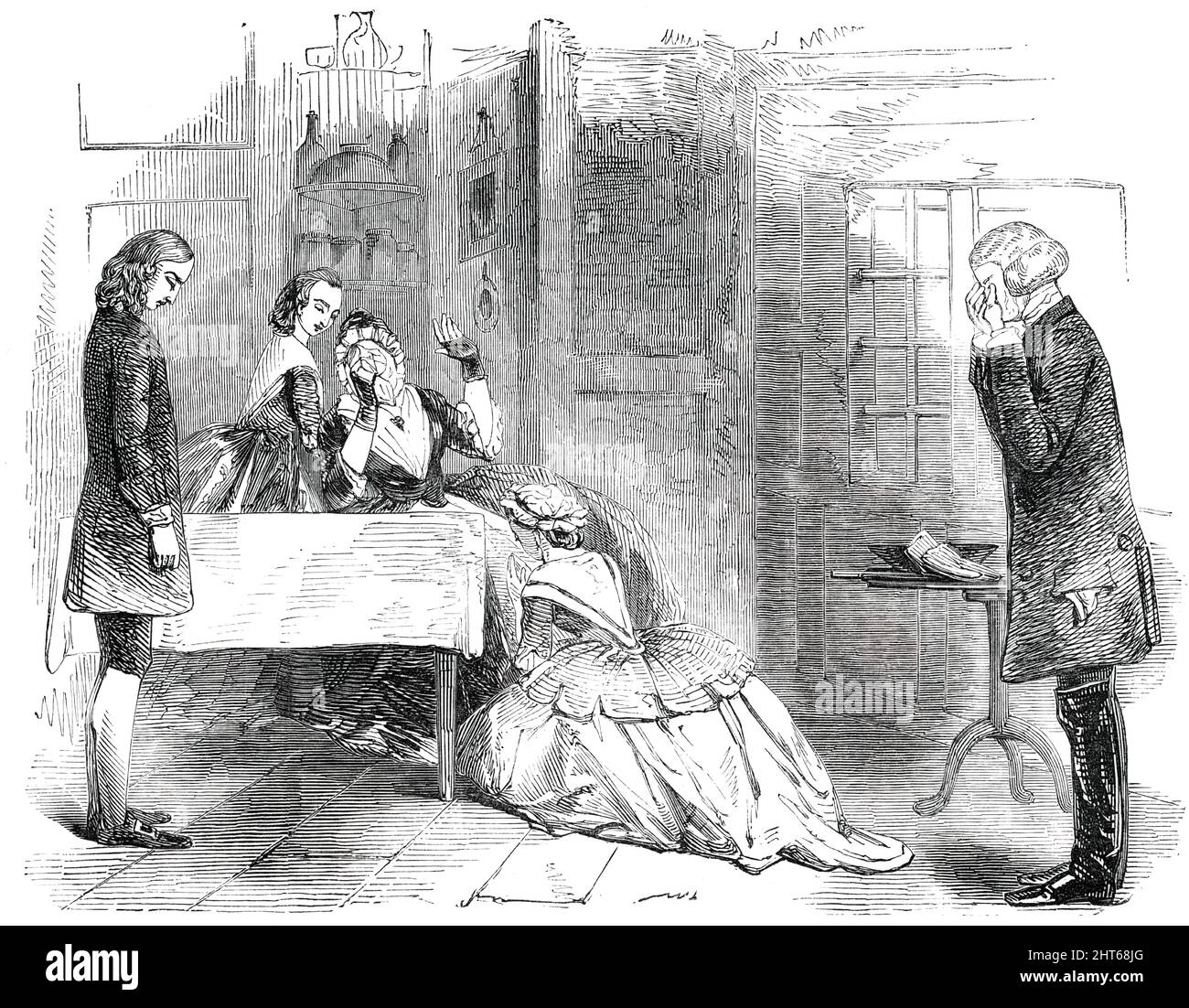 Szene aus "The Vicar of Wakefield", im New Strand Theatre, [London] 1850. „Herr Tom Taylor hat für dieses Theater die substantielle Geschichte von Goldsmiths immer entzückender "Vikar von Wakefield" dramatisiert;...Herr Farren und Frau Glovor führen Dr. Primrose und seine Dame vor, so pompös, so erbärmlich. Olivia ist dem Los von Mrs. Stirling verfallen, die, während der ganzen Zeit bewundernd, am Ende einen Triumph errang, als sie als die zurückkehrende Büßerin die Knie ihres Vaters umklammerte und um seine Vergebung Rang. Herr und Frau Leigh Murray, wie Burchell und Frau Skeggs, erzählten; Herr Norton, AS Stockfoto