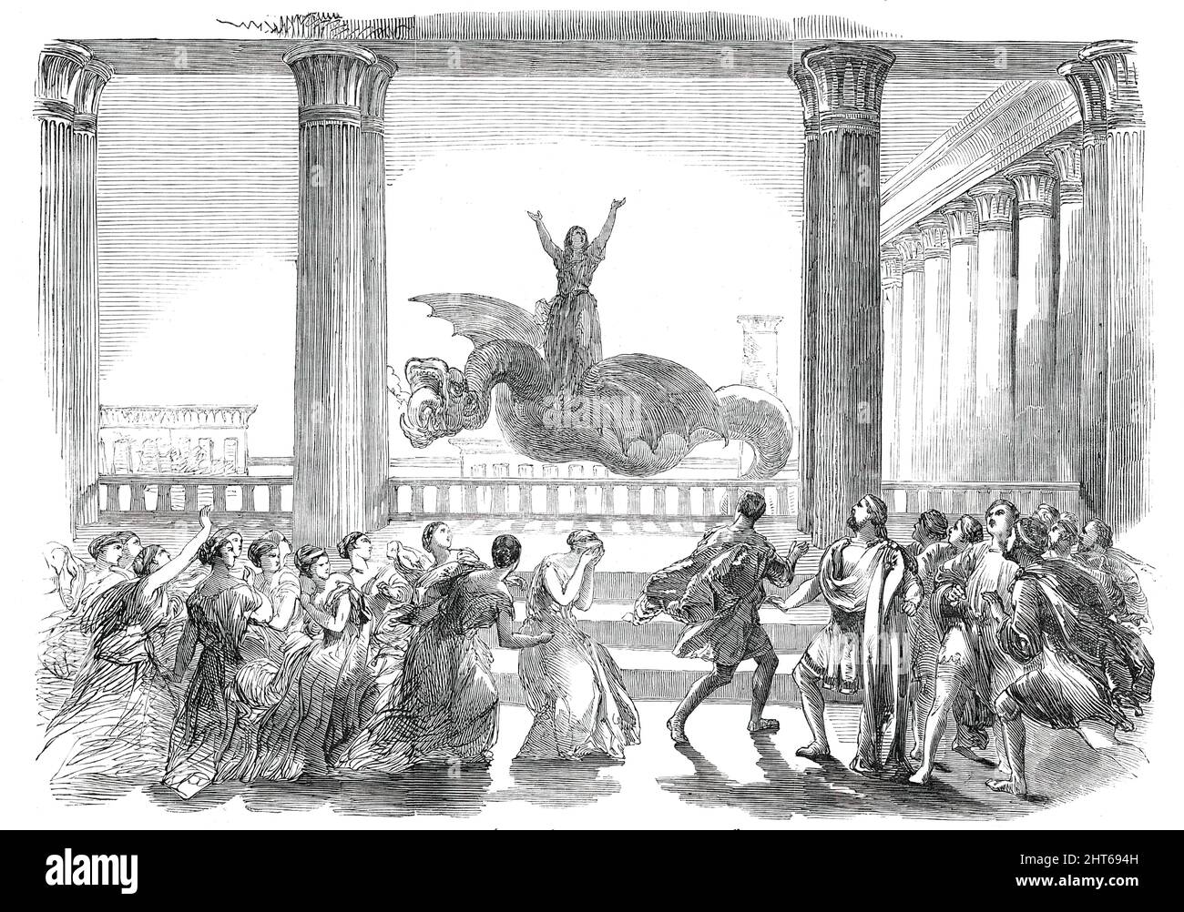 Szene (die letzte) aus der Oper von "Medea", 1850. Die Londoner Produktion von Simon Mayr's "Medea in Corinto", der Titelrolle von Teresa Parodi: "...Rache vollbracht, bestieg Medea ein von feurigen Drachen gezogenes Auto und fliegt mit Aegeus nach Athen...Alle gewalttätigen Stimmungsübergänge wurden wirklich und mit der erstaunlichsten Wirkung wiedergegeben. Die Flüche der Zauberin verwelken, ihr mütterliches Gefühl ließ das Publikum vor Sympathie begeistern, und ihr letzter Triumph über ihre Feinde... wo sie ihren feurigen Wagen bestieg, wurde in der großartigsten Geistigkeit imag dargestellt Stockfoto