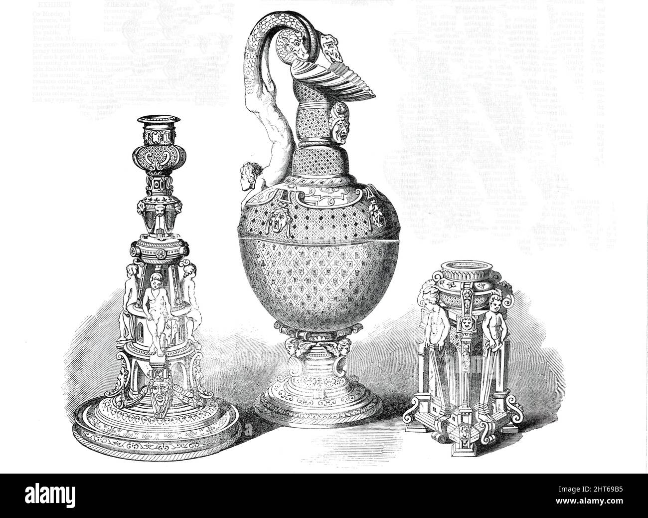 Ware von Heinrich II. Von Frankreich - Kerzenständer, Ewer, Salzkeller, 1850. Artikel aus einer 'Ausstellung antiker und mittelalterlicher Kunst in der Society of Arts, in der John-Street, Adelphi', [London]. "Der aufwendige Saltceller und der Kerzenständer... gehören zu den Sammlungen von Baron Lionel de und Sir A. Rothschild; und der wunderschöne weiße Ewer ist Eigentum von Mr. Magniac. Diese drei sind schöne Beispiele für die Ware von Heinrich II. Von Frankreich, das Geheimnis der Herstellung, das jetzt völlig verloren ist." Aus „Illustrated London News“, 1850. Stockfoto