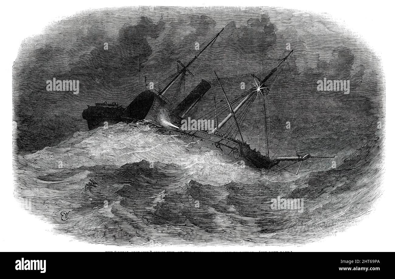 Die "Royal Adelaide", Dampfschiff, auf ihrer Passage von Cork nach London, 1850. „Der Royal Adelaide war zwischen 400 und 500 Tonnen Burthen und hatte zwei Motoren mit je 140 Pferden. Sie wurde von Captain John Batty aus Cork kommandiert...in der Nacht zuvor hatte es einen schweren Sturm geweht, und es lief ein gewaltiges Meer. Es war wahrscheinlich, dass sie gegen Mitternacht auf den Sand schlug, und alles, was hinweggefegt wurde, sogar zu ihren Masten, lässt kaum Zweifel daran, dass alle an Bord mit einem wässrigen Grab begegnet sind...der Ort, an dem dieses Wrack stattfand, ist einer der gefährlichsten im britischen Kanal...O Stockfoto