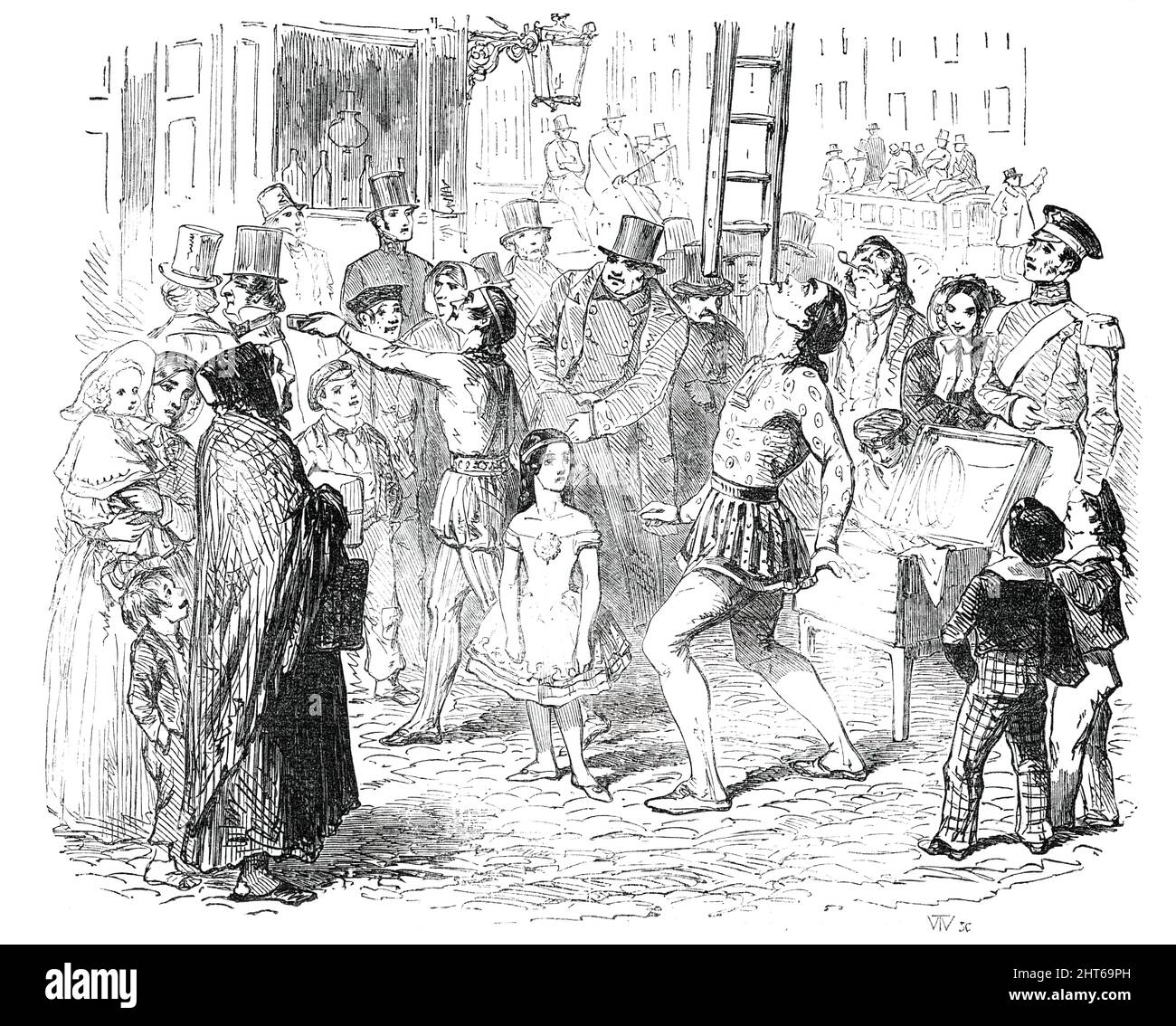 Malerische Skizzen von London - Street Sights, 1850. Ein „...Balancer... nimmt eine Leiter, die hoch genug ist, um ein Fenster im zweiten Stock zu erreichen, Und oben geht es ihm auf das Kinn, als wäre es nicht schwerer als das Stroh, das er gerade heruntergeworfen hat...Schau dir dieses kleine Mädchen in der verspankelten Kittel an...Sie wird herausgebracht, wie ein anderer Samson, um für die Philister Sport zu treiben. Wie hübsch sie tanzt...Wir sehen uns diese Straßenkünstler mit einem sehr nachsichtigen Blick an, wissend, dass sie kämpfen, um so gut wie möglich zu leben, und dass ihre bescheidenen Bemühungen, Tausenden Freude zu bieten.' Von &quot Stockfoto