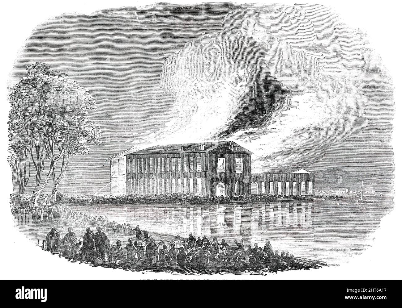 Großes Feuer in Port-of-Spain, Trinidad, 1850. „Die verbrauchten Räumlichkeiten bestanden aus einem Gebäude, das von Ladenbesitzern gemietet wurde, wobei ein Teil als Grog-Shop genutzt wurde Craddock und ihre Familie fanden ihren Rückzug abgeschnitten durch die brennende Treppe und mussten von der vorderen Galerie in einem Laken abgesenkt werden..., das Feuer ist noch nicht ausgestorben; Die Motoren immer noch in Überschwemmungen von Meerwasser aus dem Kai zu gießen hart durch...die Regierung Bonding Lager, im nächsten Block von Gebäuden, wurde geöffnet, und der Rum, in Höhe von achtzig Puncheons, rollte zum Kai, ins Meer getaucht werden, wenn requi Stockfoto