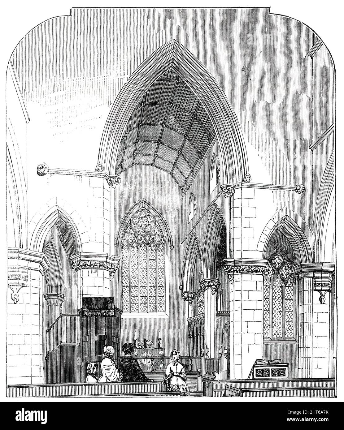 Chor der Trinity Church, Haverstock Hill, [London], 1850. „Diese Kirche, die sich in der Pfarrei St. Pancras befindet, wurde am vergangenen Dienstag vom Lord Bishop of London in Anwesenheit einer sehr großen Versammlung von Menschen geweiht... die Kirche hat einen bewunderungswürdigen Charakter in ihrer Gestaltung, und das Innere ist besonders wirksam. Das offene Dach wird gebeizt, um Eiche zu imitieren, wie auch die Sitze, die Galerien, &amp;c. Diese werden von den Pfeilern, die das Kirchenschiff von den Gängen trennen, zurückgestellt, und das allgemeine Erscheinungsbild des Kirchenschiffs wird somit nicht beeinträchtigt. Der Chor, wie unsere Illu sehen kann Stockfoto