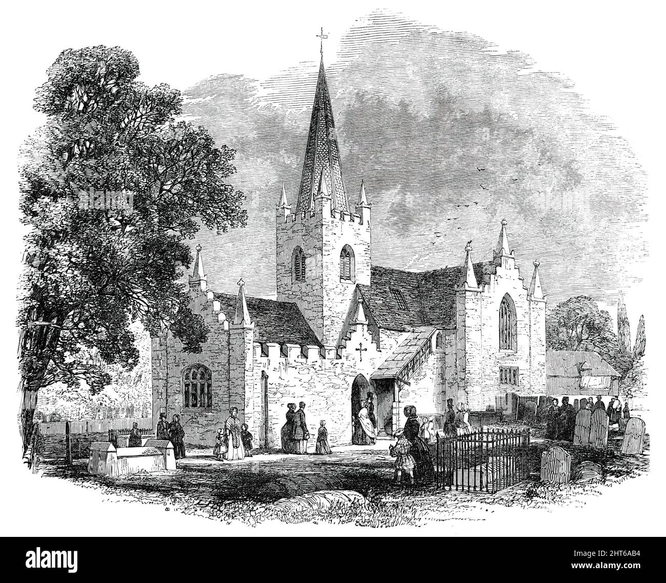 Whippingham Church, Isle of Wight, 1850. Blick auf eine '...bescheidene Pfarrkirche, Ihre Majestät [Königin Victoria] besucht sie, wenn sie in ihrer Meeresresidenz Osborne [Haus]...itübernachtet, und das Äußere ist ohne Schönheit, seine architektonischen Merkmale sind extrem schlicht ... die Kirche hat einen quadratischen Turm, von dem aus eine achteckige Turmspitze emporragt, deren Oberfläche wie Fischschuppen geformt ist." (Ursprünglich ein mittelalterliches Gebäude, St Mildred's war die Gutskirche für Osborne House. Es wurde 1804-05 von John Nash verändert, aber nach 1850 abgerissen und nach Plänen von Prinz Alb komplett umgebaut Stockfoto