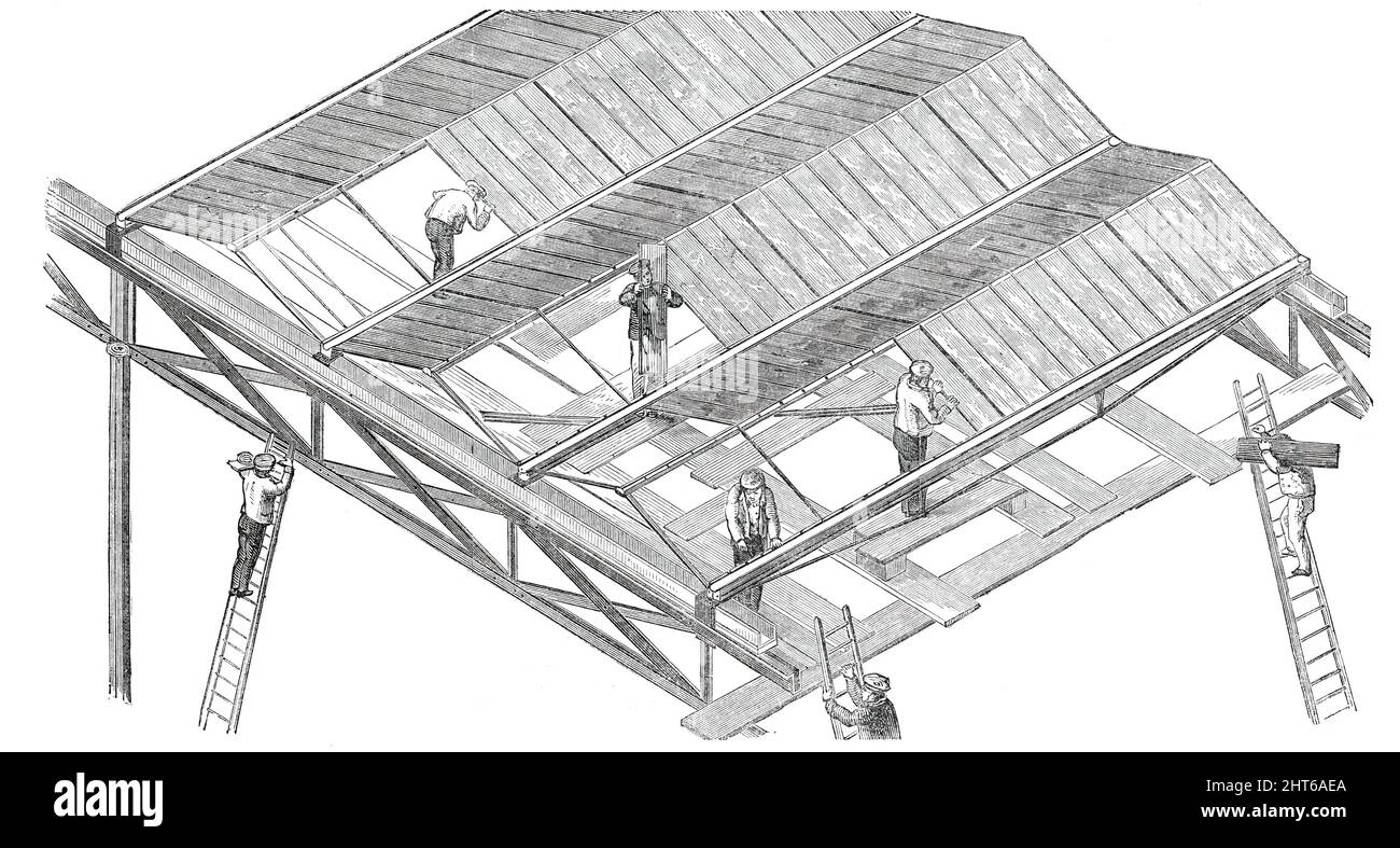 The Building in Hyde Park, for the Great Exhibition of 1851 - Glazing the Roof, 1850. '...drei Schächte, jeweils acht Fuß breit und mit einem 24 Fuß großen Träger, sind deutlich sichtbar. Sieben Arbeiter werden gesehen...; ein Arbeiter steigt eine Leiter hinauf, mit einem Vorrat an Kitt; ... ein anderer Mann trägt einen Teil eines Planks, ... ein dritter steigt nach Materialien herab; die anderen Männer passen sich an und verpachteln in das Glas. In den drei geschauenen Buchten befinden sich drei Gratstücke und vier Dachrinnen, welche auch den Zweck von Platten erfüllen, auf die die unteren Enden der Flügelstangen eingekerbt und genagelt sind Stockfoto