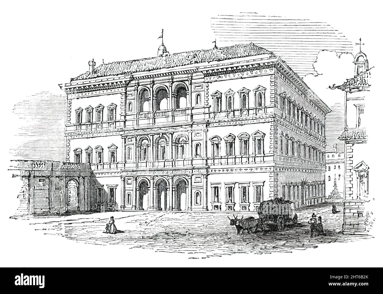 Farnese Palace - Rom, 1850. 'Der Farnese Palast wird in der Piazza des gleichen Namens aufgestellt... travel Wohnungen, travel für das Publikum geöffnet sind, sind geräumig und erhaben und sind mit frescoes, reichen Gesimsen und sculptured Marmeln u. a. geschmückt und enthalten einige wenige Reliques der alten Kunst; Doch die Juwelen der Farnese-Sammlung wurden vom König von Neapel in das Königliche Museum seiner Hauptstadt übertragen. Der Palast bildet zur Zeit die Residenz des neapolitanischen Botschafters. Es wurde von Papst Paul III. Gegründet, als Kardinal Farnese, der zu diesem Zweck das Kolosseum und jede andere Ancie rifloh Stockfoto