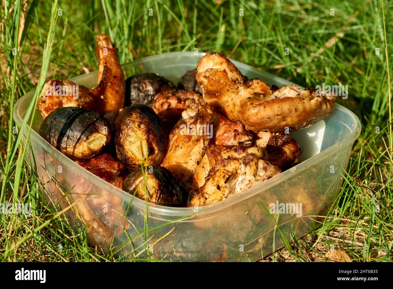 Köstlicher saftiger gegrillter Fleischkebab an einem Sommertag Stockfoto