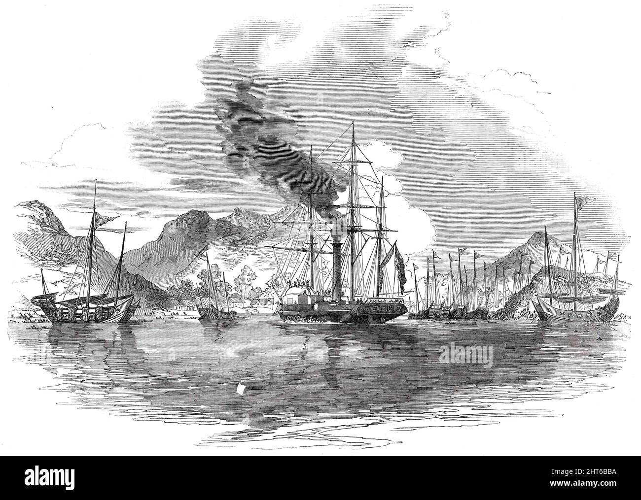 Gefangennahme und Zerstörung von dreizehn piratischen chinesischen Dschunken in mir's Bay durch H.M. Steamer "Medea", 1850. Es muss daran erinnert werden, dass es nicht die Politik irgendeiner Piratenmacht ist, Angreifer gegen Kriegsschiffe zu werden; aber es war ein Ruhm ... von Shap-'ng-tsai, Dass er keine Angst hätte, einen unserer Kriegsbrigonen auf dem Bahnhof anzugreifen... und wenn wir die Tatsache bedenken, dass seine Geschwader 1300 Kanonen, einige von gutem Kaliber und viele englische Karronaden, nach oben montiert hat, kann man daraus schließen, Das, hätten die Celestials so Experte in der Gunnery gewesen, wie sie in vielen anderen Künsten sind, die gegenwärtige Angelegenheit Stockfoto