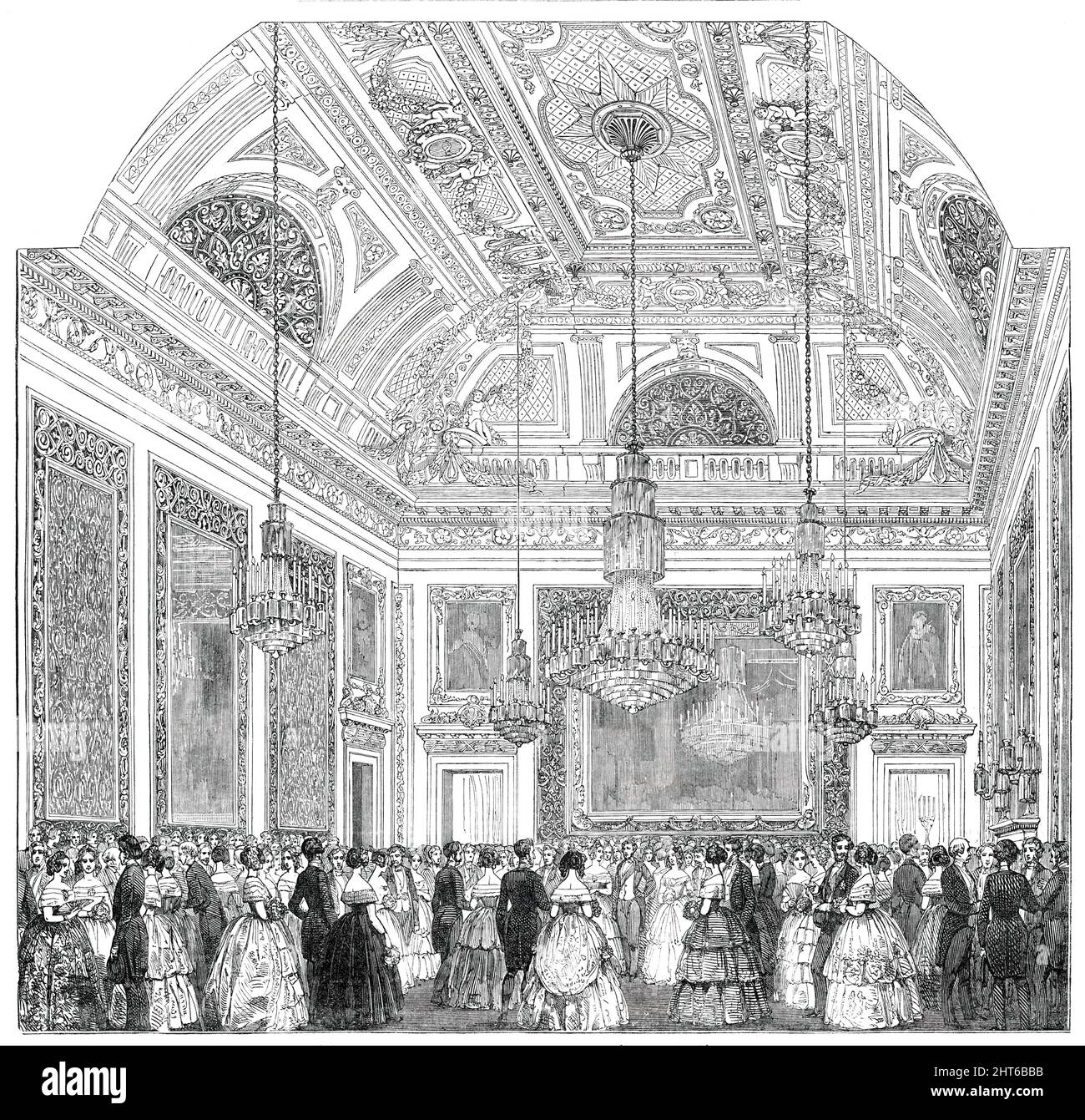 The Grand Saloon at Devonshire House, [London], 1850. Zu den Gästen des Herzogs von Devonshire gehörten der Herzog von Cambridge, seine Hoheit Prinz Edward von Sachsen-Weimar und etwa 800 Mitglieder der Aristokratie... der Grand Saloon... ist eine herrliche Wohnung, Und die Dekorationen, entworfen von Herrn Crace...in im Stil des gefeierten Künstlers Le Brun...der Salon war ursprünglich der Eingangsvorraum, Aber es bildet jetzt eine der prächtigsten Wohnungen im Gebäude, eine neue große Treppe, die vom Herzog von Devonshire gebaut wurde ... wenn sie als Ballsaal genutzt wird, die Möbel dieses Saloos Stockfoto