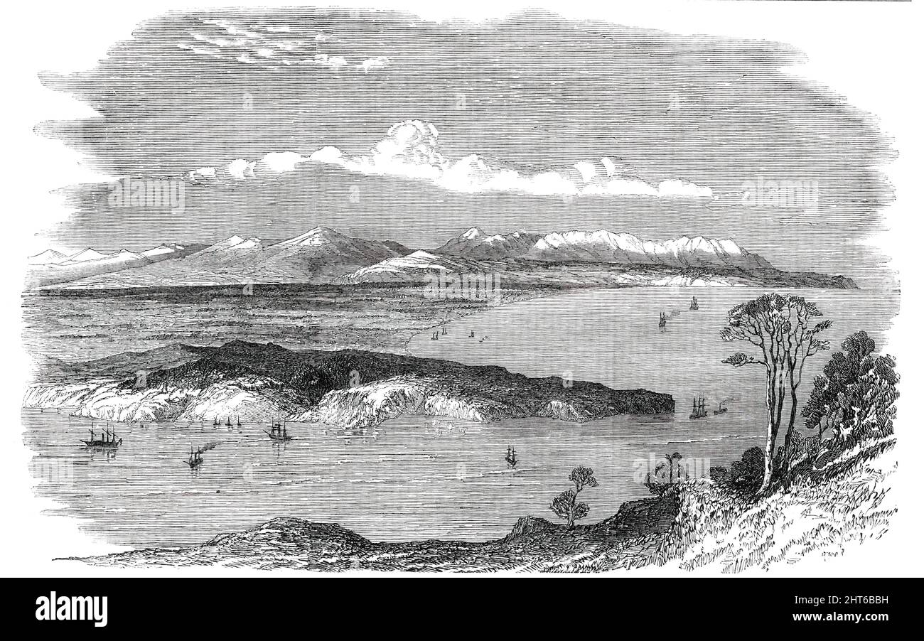 Standort der Siedlung Canterbury, Neuseeland, 1850. "...die Promotoren glauben, dass sich ihr Programm als attraktiv für eine Klasse erweisen wird, die der in anderen Kolonien vorherrschende Ton der Gesellschaft bisher abwehren konnte. Dass der Kapitalist in seinen wirtschaftlichen Merkmalen Sicherheit für sichere und profitable Investitionen sehen wird; Und dass es damit zum ersten Mal in der Geschichte der Kolonisation eine neu gepflanzte Kolonie geben wird, die nicht jahrelang unter Schwierigkeiten und Katastrophen dahinschwinden wird, sondern sofort in schnellen Wohlstand aufkeimt...der Standort der geplanten Kolonie besteht aus 2.400.000 Hektar, im Osten c Stockfoto