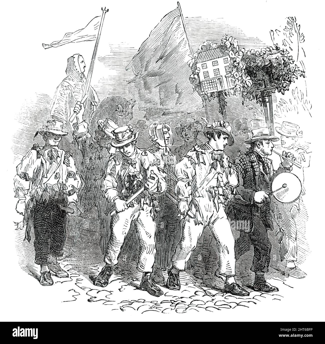 Lichfield "Greenhill Bower" - The Morris Dancers, 1850. Jährliche Tradition: "Dieses sehr alte Fest wurde gefeiert ... mit mehr als seinen üblichen Zeremonien. Der Ursprung der Stadt war ein „Arrraygericht oder eine Ansicht von Männern und Waffen“, das lange vor der Gründungsurkunde der Stadt existierte, Die ihre erste Gründung in der Regierungszeit von König Edward dem Zweiten, im Jahr 1387, so dass das Festival nicht weniger als 500 Jahre alt sein kann! In den alten Zeiten, Prozessionen wurden von den öffentlichen Offizieren der Stadt, und die dezeners (constables) jeder Station trug Tutelär sai Stockfoto