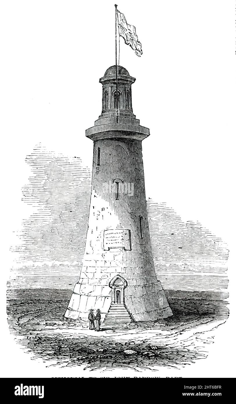 Denkmal für Sir John Barrow, Bart., 1850. '...der Grundstein des Barrow-Denkmals wurde mit großer Zeremonie auf dem Hügel von Hoad, in der Nähe von Ulverston [in Cumbria] gelegt...der Stein trägt die folgende Inschrift:- AM 15.. MAI, 1850 n. Chr., IM 14.. REGIERUNGSJAHR IHRER LIEBENSWÜRDIGSTEN MAJESTÄT, KÖNIGIN VICTORIA, SIR GEORGE BARROW, BART., UND JOHN BARROW, ESQ., F.R.S., HINTERLEGTE DIESEN STEIN, UM DIE ERINNERUNG AN DAS ZEUGNIS DES VERSTORBENEN SIR JOHN BARROW, BART, AUFZUZEICHNEN. ANDREW TRIMEN, ARCHITEKT...der Entwurf des Denkmals stammt von Herrn Trimen...und besteht aus einem Steinturm (ein Meereszeichen), 100 Stockfoto