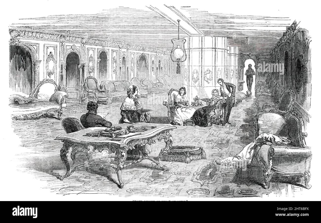 Großer Salon des "Atlantiks", 1850. 'Der Atlantik kam in Liverpool an...das erste von sechs ähnlichen Schiffen, die für E. K. Collins, Esq., aus New York gebaut wurden, um die US-Post zwischen New York und Liverpool zu transportieren...die Teppiche sind von der reichsten Beschreibung; die Tischplatten sind aus Brocatelli-Marmor. Die Buntglasventilatoren werden vom Deck in Form von Kaminen in den Salon heruntergelassen und durch ein Messinggitter geschützt. Diese Beatmungsgeräte sind so konstruiert, dass sie dem doppelten Zweck dienen, Licht und Luft zuzulassen. Sie sind oben mit cr abgedeckt Stockfoto