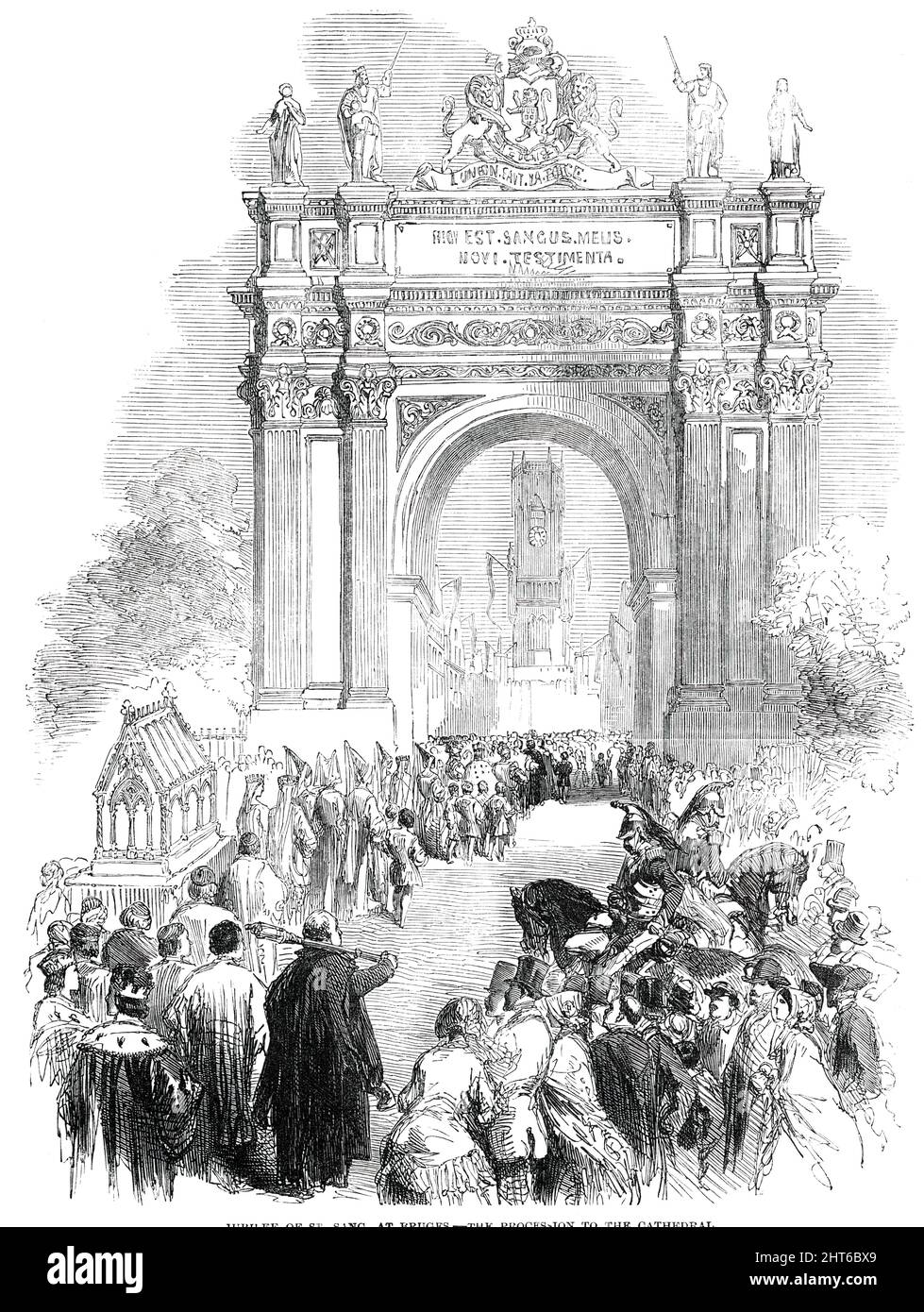 Jubiläum des Hl. Sang in Brügge - Prozession zur Kathedrale, 1850. Religiöses Fest in Belgien zu Ehren der Reliquie des Heiligen Blutes. „Der Umzug dauerte mehrere Stunden, und trotz des Regens, der gegen Mittag fiel, war der Coup-d'oeil sehr prächtig. Der Festzug bestand aus über 1500 Individuen, die alle mit großem Geschmack und oft, je nach historischem Charakter, mit viel Prunk gekleidet waren. Zum Beispiel trug die Königin Marie von Bourgogne ein Kostüm, das mit Diamanten und Edelsteinen im Wert von 60.000 Franken angereichert war...die Ekklesiastica Stockfoto