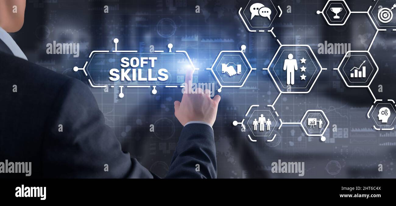 Finanzkonzept zu Soft Skills Teamgeist Kommunikation Durchsetzungsvermögen. Stockfoto