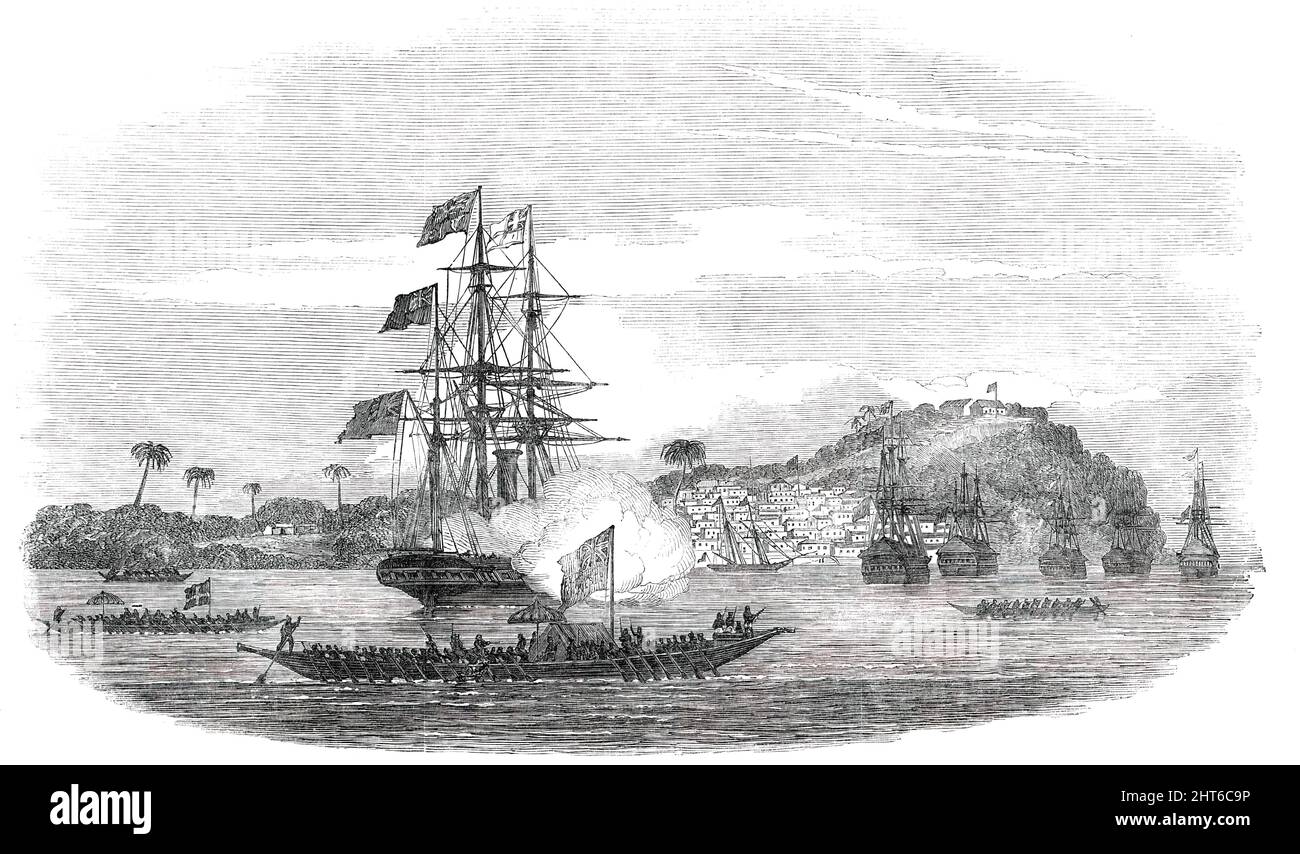 Ephraim-Stadt, mit altem Calabar - Kanu von König Eyo-Honesty - Dampf-Sloop von Ihrer Majestät "Rattler" Saluting, 1850. Royal Navy Schiff vor der Küste von Westafrika. Blick auf die Stadt Ephraim, mit den britischen Handelsschiffen vor Anker und H. M. Steam sloop Rattler grüssend König Eyo auf seiner Annäherung an die Schiffe, um den Dampfer zu besuchen. Sein Kanu hielt über 100 Menschen, von denen der größte Teil gut bewaffnet war, und nannte den Leibwächter des Königs. Er hatte ein anderes großes Kriegskanu, das ihm folgte...die englischen Handelsschiffe haben eine größere Tonnage; sie liegen im Durchschnitt zwischen 500 und 1000 Tonnen und conseq Stockfoto