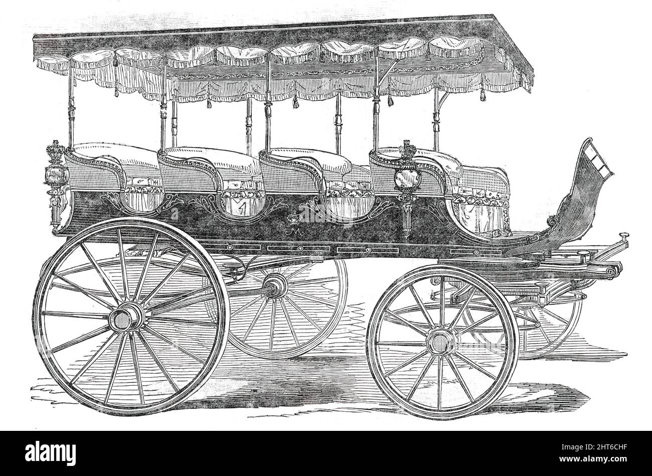 Char-a-Banc für die Königin von Portugal, 1850. 'Zwei schöne Chars-&#XE0;-Banc... wurden gerade bei der Gründung der Herren Thrupp und Co. In der Oxford-Straße für Ihre Majestät, die Königin von Portugal, fertiggestellt und sind für die Verwendung Ihrer Majestät während des Sommeraufenthaltes des Hofes in den königlichen Residenzen von Cintra und Mafra bestimmt. Die Wagen sind äußerst elegant und in der höchsten Art und Weise fertig...die Sitze haben kantige Seiten und sind mit perlfarbener Spitalfields-Seide ausgekleidet, die mit hübscher Spitze verziert ist, mit dem Weinrebenmuster, das speziell für diese Wagen entworfen wurde. Die Lampen ar Stockfoto