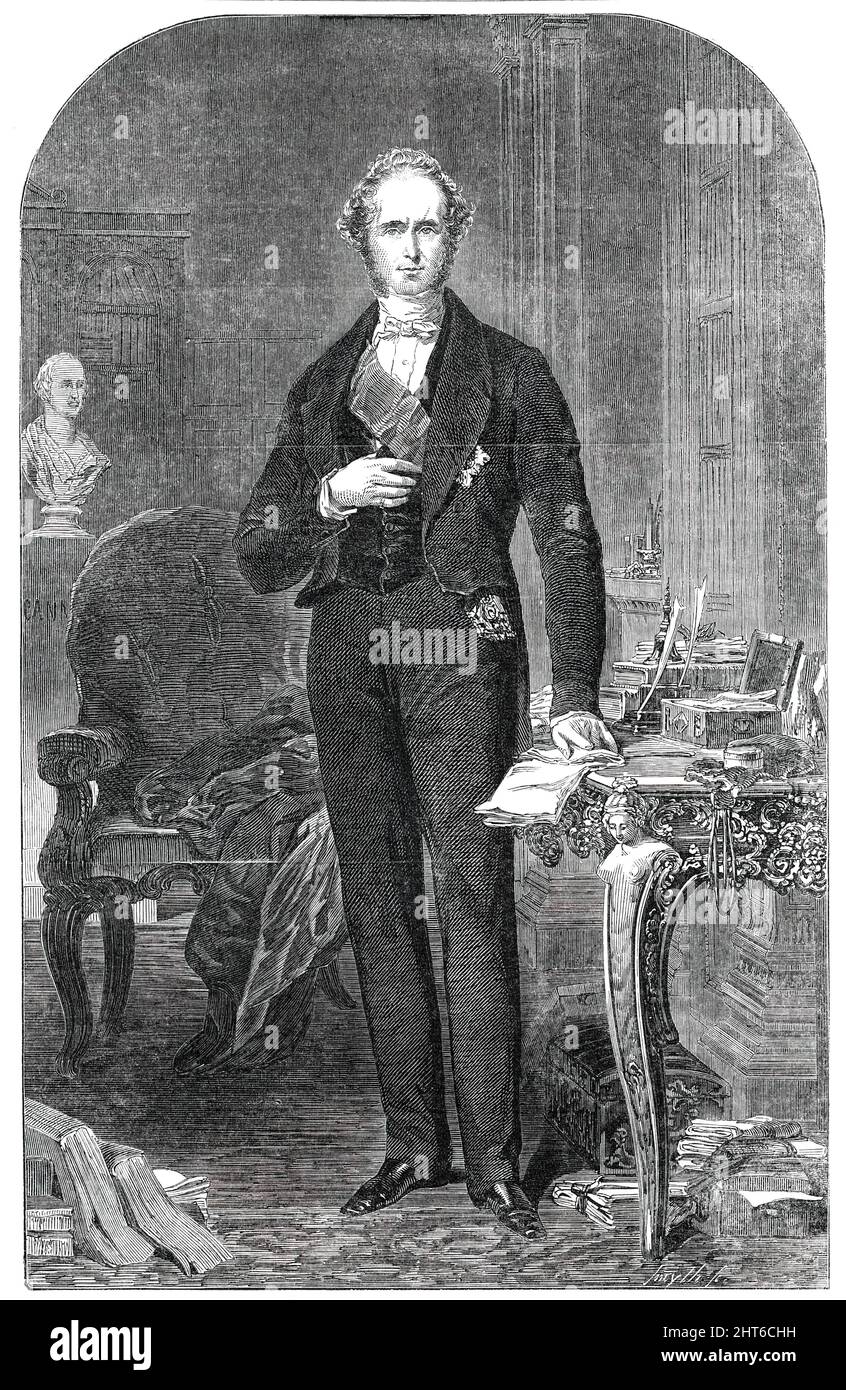 Der rechte Hon. Lord Viscount Palmerston, G.C.B. - Aus dem Bild von John Partridge, 1850. „Unser Abbild stammt aus dem wunderschönen Porträt von Partridge, das Lady Palmerston am Samstag, den 22.., von einigen Mitgliedern des Unterhauses mit folgender Adresse überreicht wurde: "Madame - Wir, die unterzeichnenden Mitglieder des Unterhauses, sind bestrebt, unser hohes Gefühl für Viscount Palmerstons öffentlichen und privaten Charakter und für die unabhängige Politik, durch die er die Ehre und die Interessen dieses Landes aufrechterhalten hat, zu bezeugen, fordern Ihre Ladyship &#X2019;s Akzeptanz der begleitenden Stockfoto