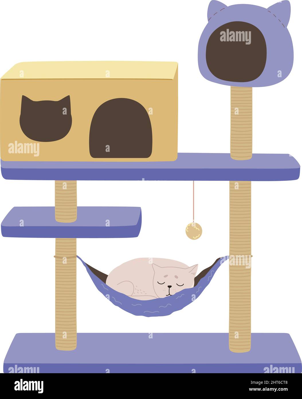 Katzenrast in einem luxuriösen Katzenturm. Ein Katzenbaum mit einem Kratzbaum, ein Spielzeug und ein Haus, in dem das Kätzchen schläft. Sehr peri und goldene Farben zu Hause. Flache Vektordarstellung von Tierzimmern, isoliert auf Weiß. Stock Vektor