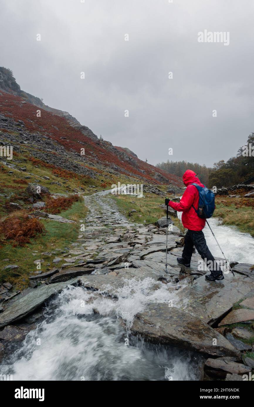 Walker, der an einem nassen, regnerischen Tag über eine Brücke am Broadslack Gill in voller Fahrt auf dem Castle Crag Walk geht, Lake District, Cumbria, England, VEREINIGTES KÖNIGREICH Stockfoto