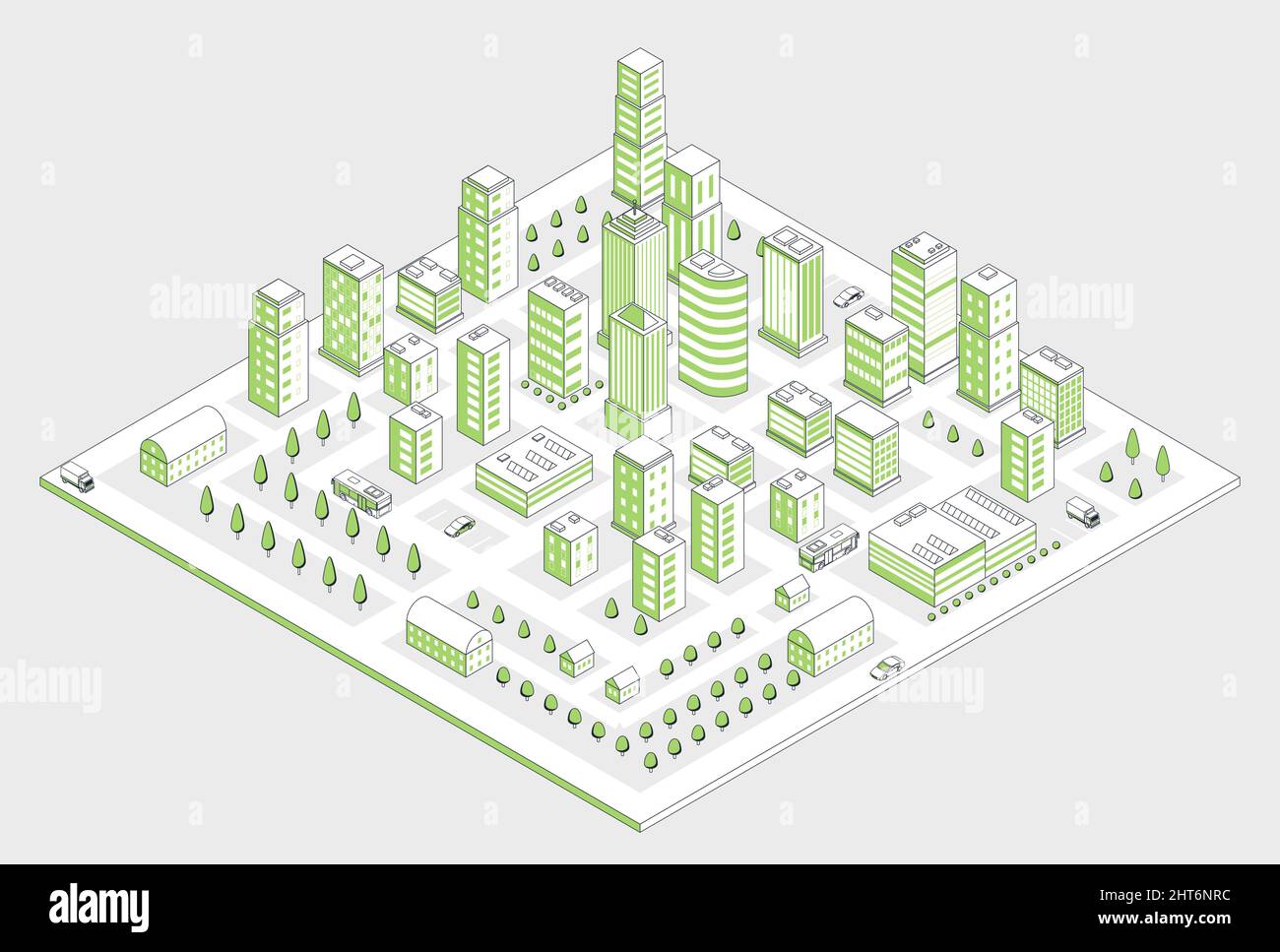 Isometrisches Stadtkonzept. Moderne Infrastruktur, Technologieentwicklung, Gebäude und Gärten. Sorge um Umwelt und Natur, umweltfreundliches Poster Stock Vektor