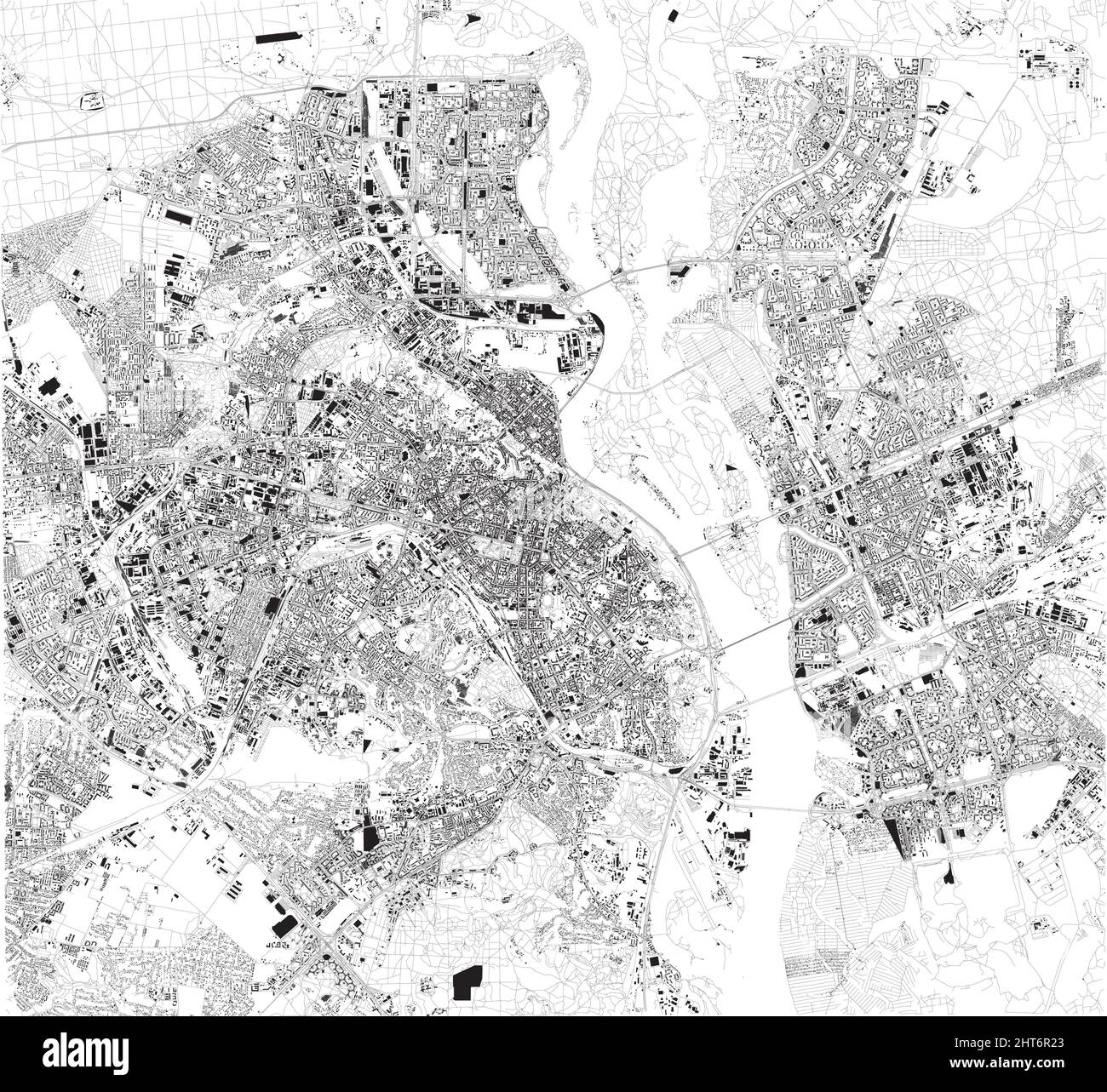 Karte der Hauptstadt der Ukraine, Kiew. Gebäude und Stadtzentrum. Luftaufnahme. Straßen und Kommunikationswege Stock Vektor