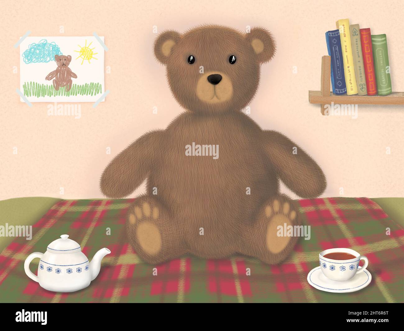 teddybär sitzt auf dem Bett, bedeckt mit einer Decke mit einer Tasse Tee und einer Teeschale Stockfoto