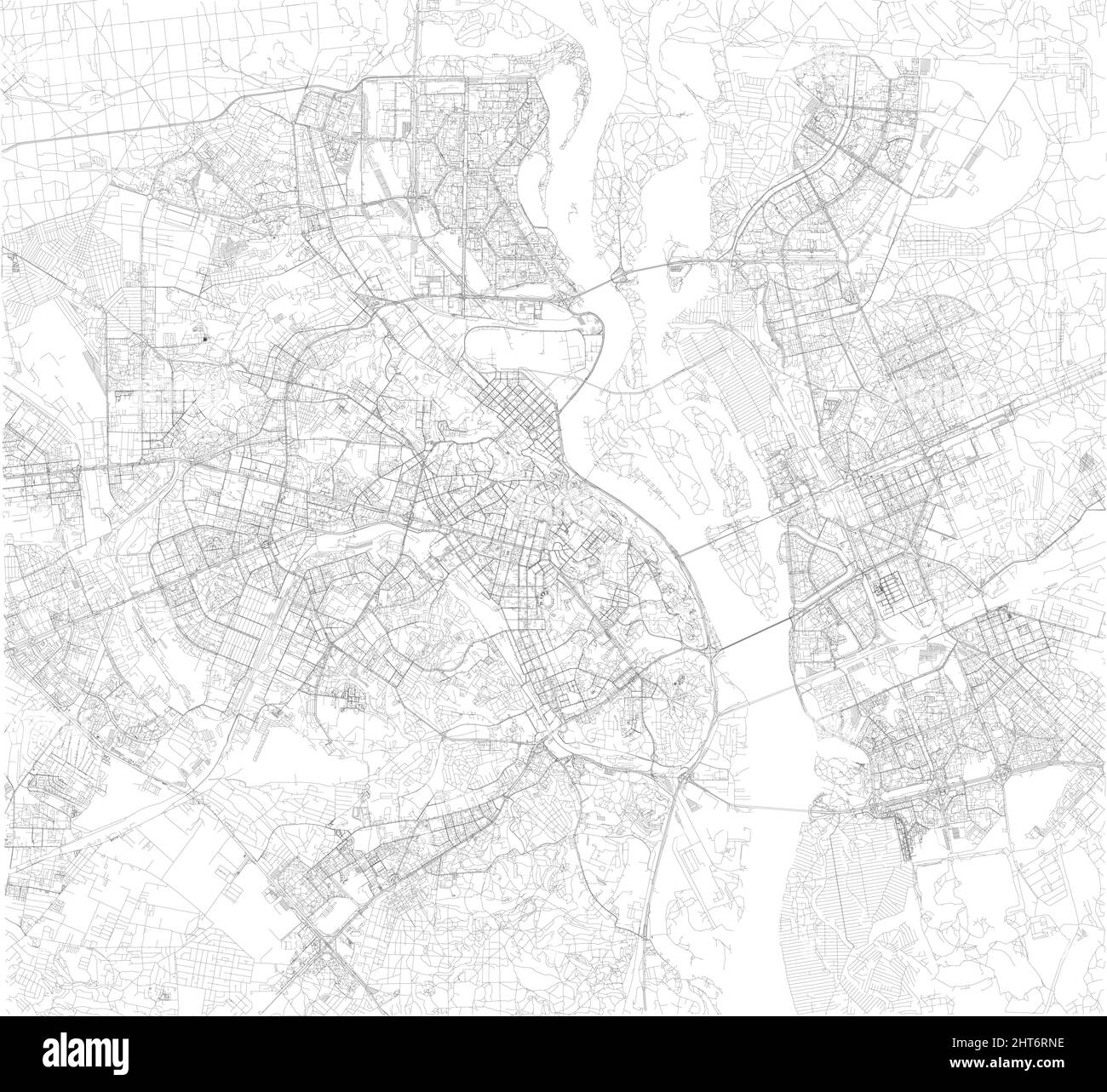 Karte der Hauptstadt der Ukraine, Kiew. Gebäude und Stadtzentrum. Luftaufnahme. Straßen und Kommunikationswege Stock Vektor