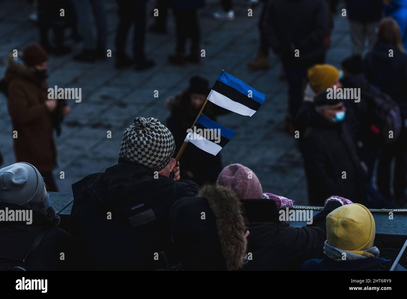 Demonstration auf dem Freiheitsplatz im NATO-Staat Estland zur Unterstützung der Ukraine und gegen die russische Aggression. Mann mit estnischen Flaggen Stockfoto