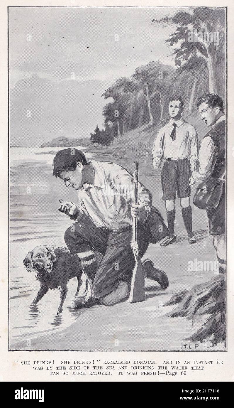 Vintage-Illustrationen aus dem Buch 'Adrift in the Pacific' von Jules Verne - veröffentlicht 1888. Stockfoto