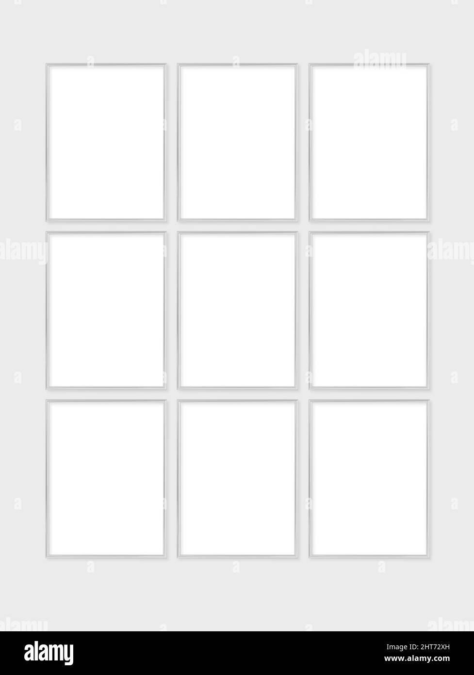 Das Layout des Sets mit 9 Rahmen ist 3x4, 30x40. Grundrisse mit 9 silbernen Rahmen. Sauber, modern, minimalistisch, hell. Hochformat. Vertikal. Stockfoto