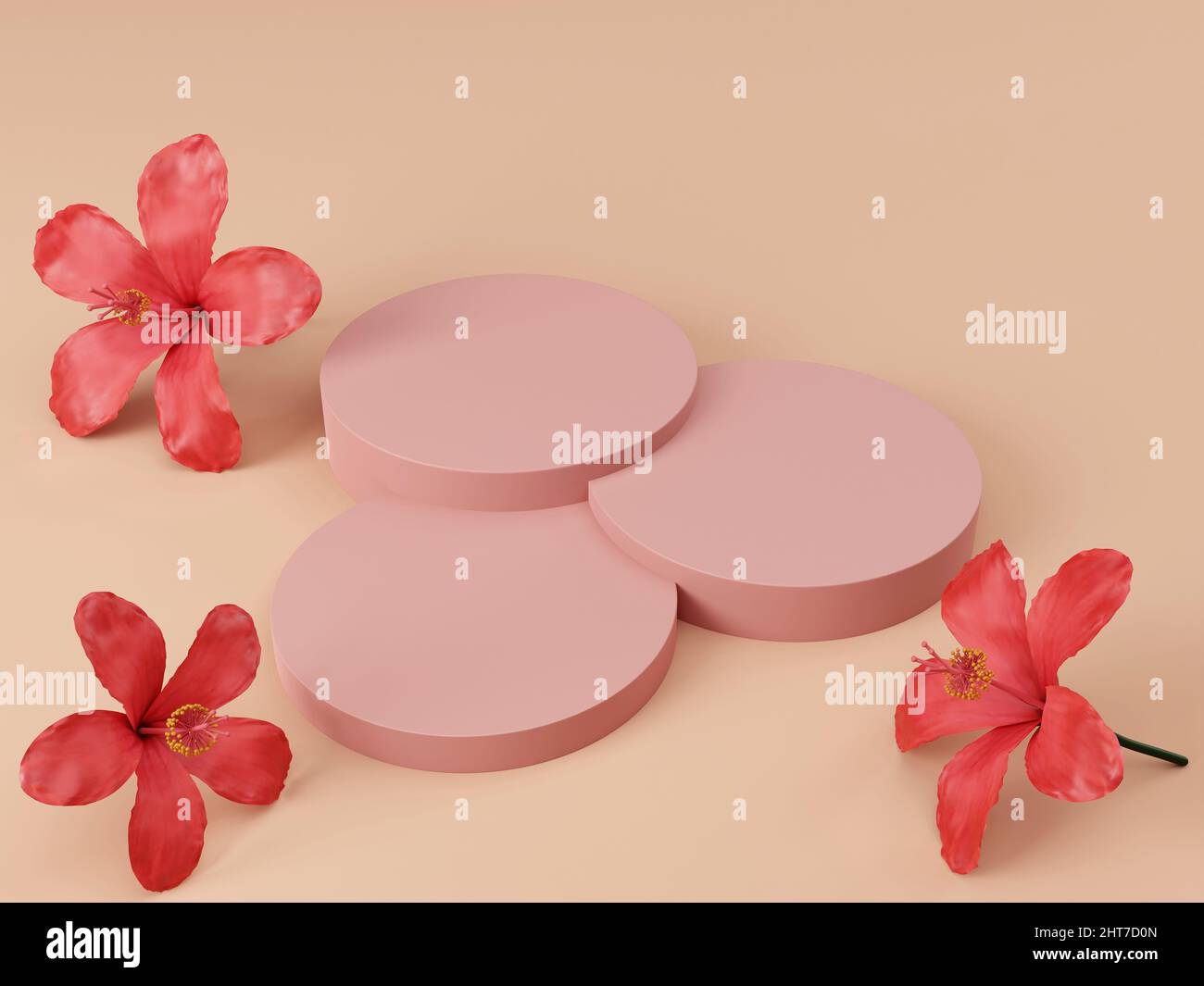 Minimalismus Schritt rund Produkt Display Bühne mit Hibiskus oder Rose Malbe Blumen für kosmetische Produkt Präsentation 3D Rendering Illustration Stockfoto