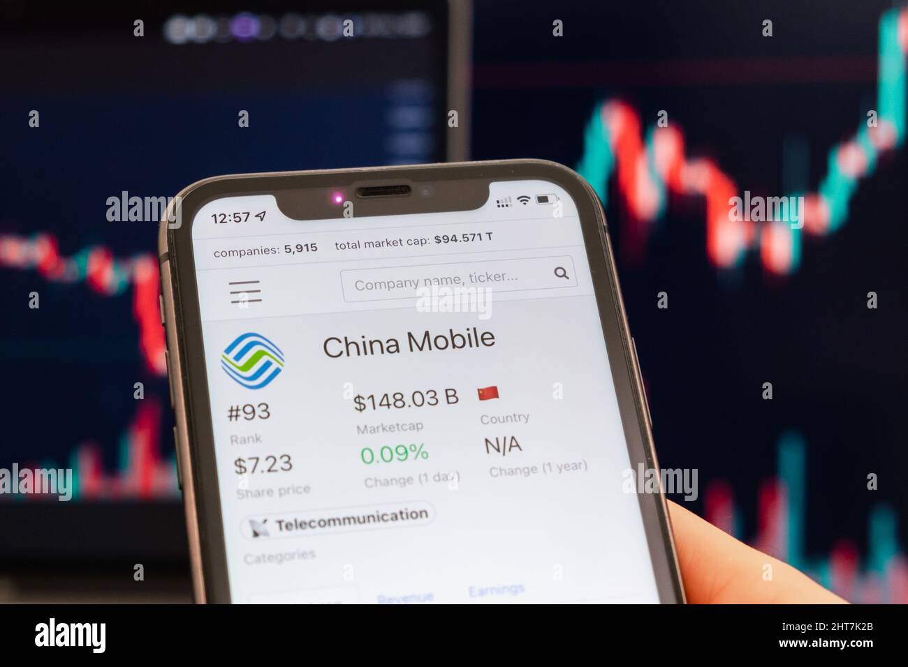 China Mobiler Aktienkurs auf dem Bildschirm des Mobiltelefons in mans Hand mit wechselnder Börse mit Trading Candlestick Graph Analyse, Februar 2022, San Francisco, USA Stockfoto